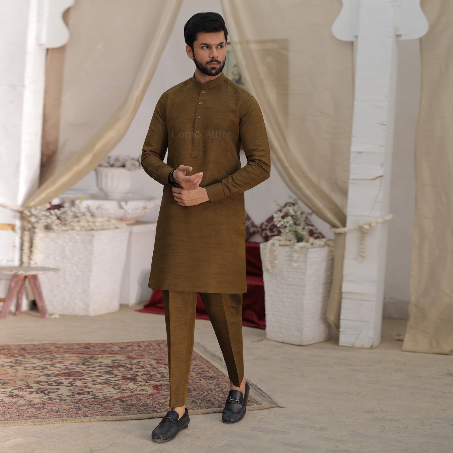 Mehendi Colour Raw Silk Kurta Pajama for Mens