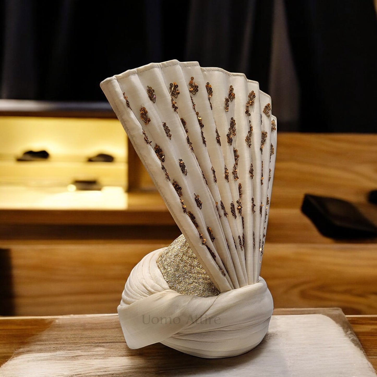 Exquisite Off-White Turban for Groom with Hand-Made Golden Embellishments