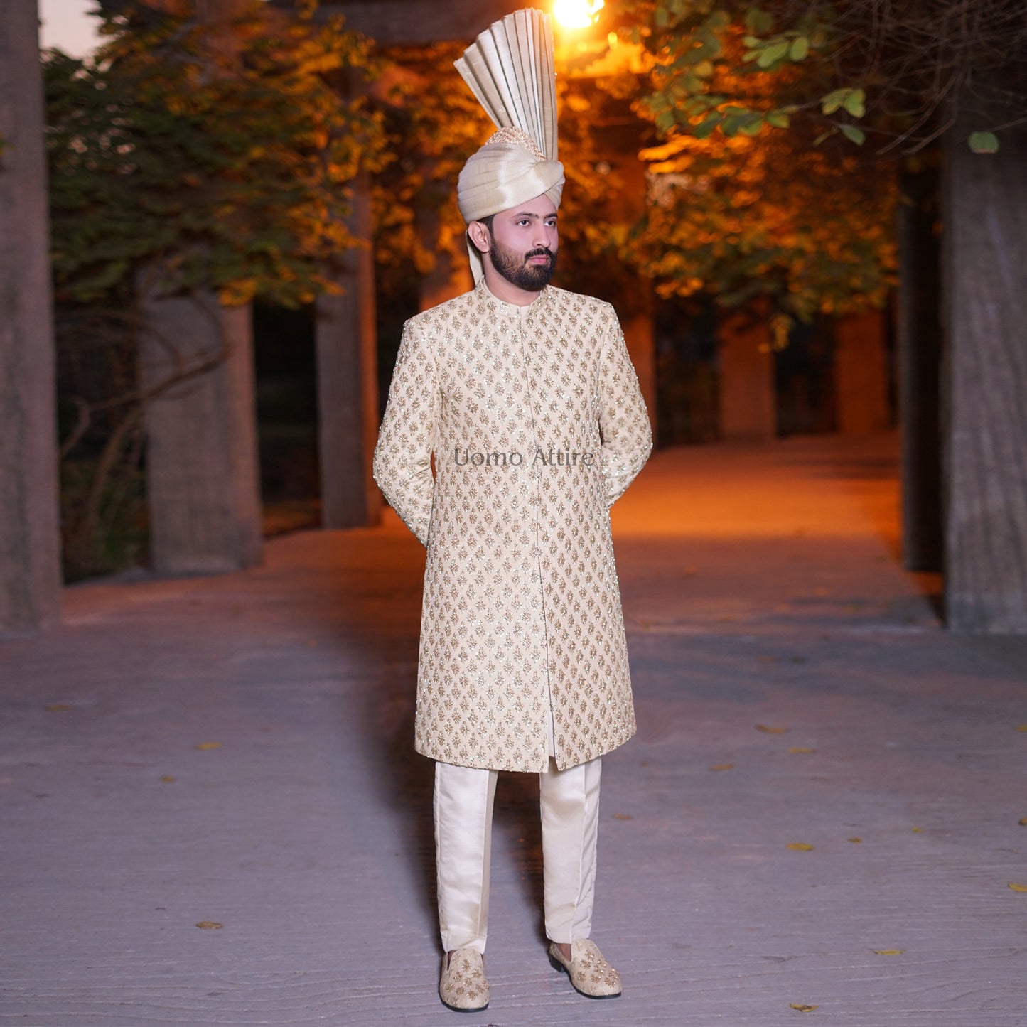 Custom Made Golden Sherwani with Ivory Turban for the Modern Groom