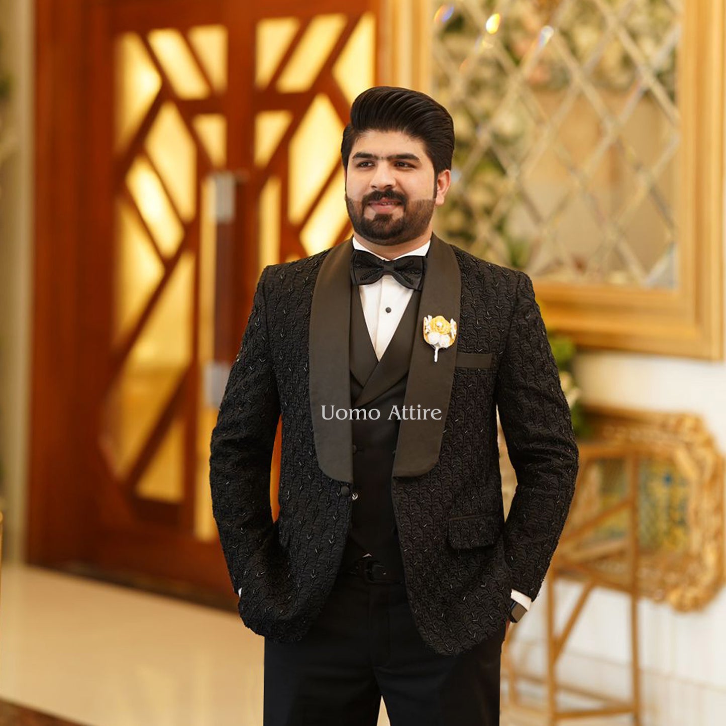 Luxury Black Tuxedo with Hand Embellishments and Double-Breasted Waistcoat