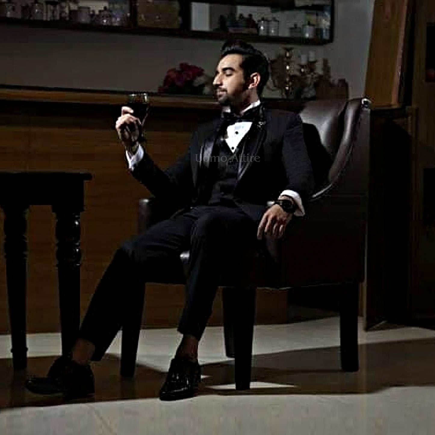 Luxury Black Tuxedo with Satin Lapel and Double-Breasted Waistcoat