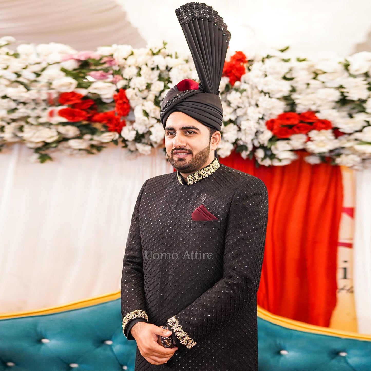 Regal Black Embroidered Sherwani with Signature Royal Turban
