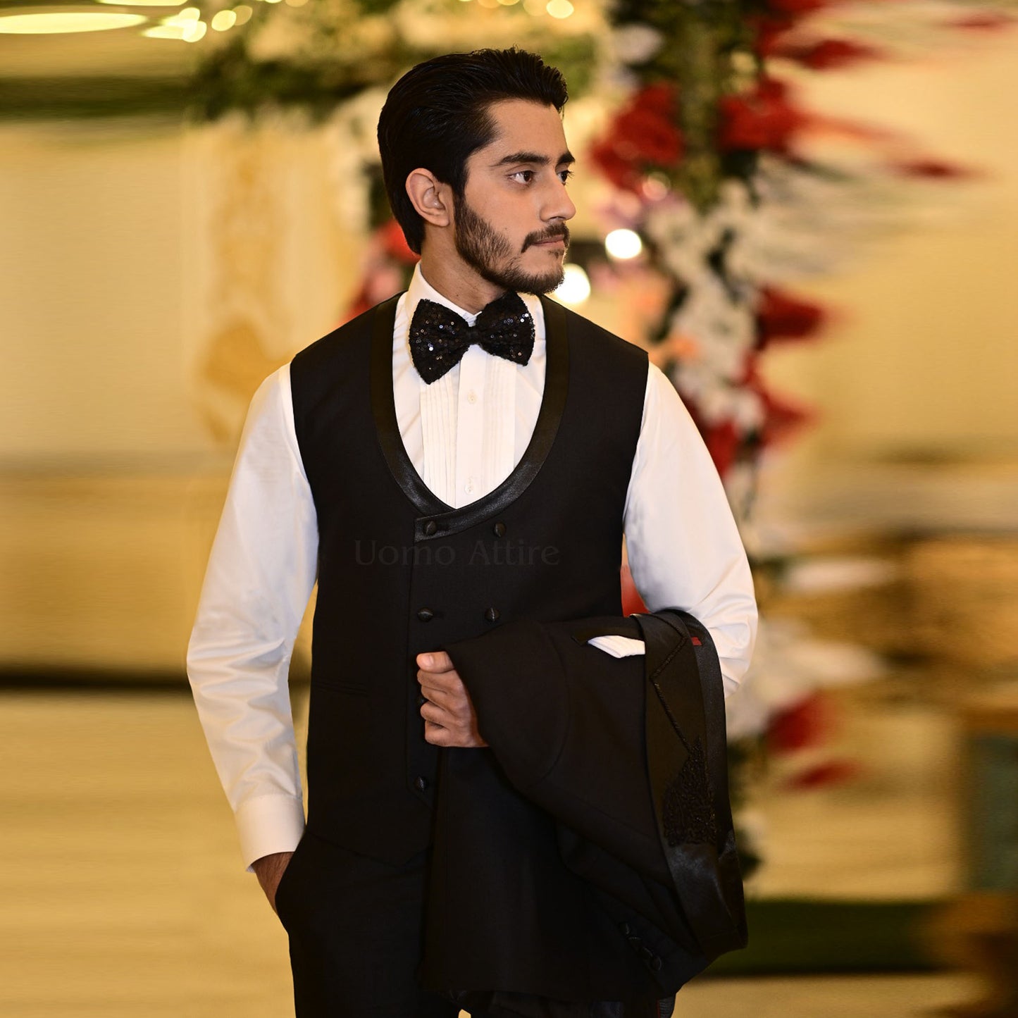 Luxury Italian Black Tuxedo with Embellished Shawl Lapel and Double-Breasted Waistcoat