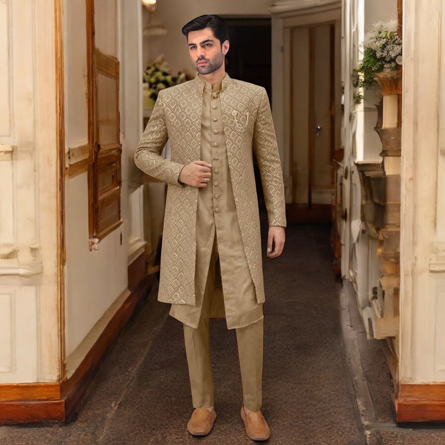 Exquisite Embroidered Open-Front Sherwani with Matching Korien Raw Silk Kurta-Pajama Set