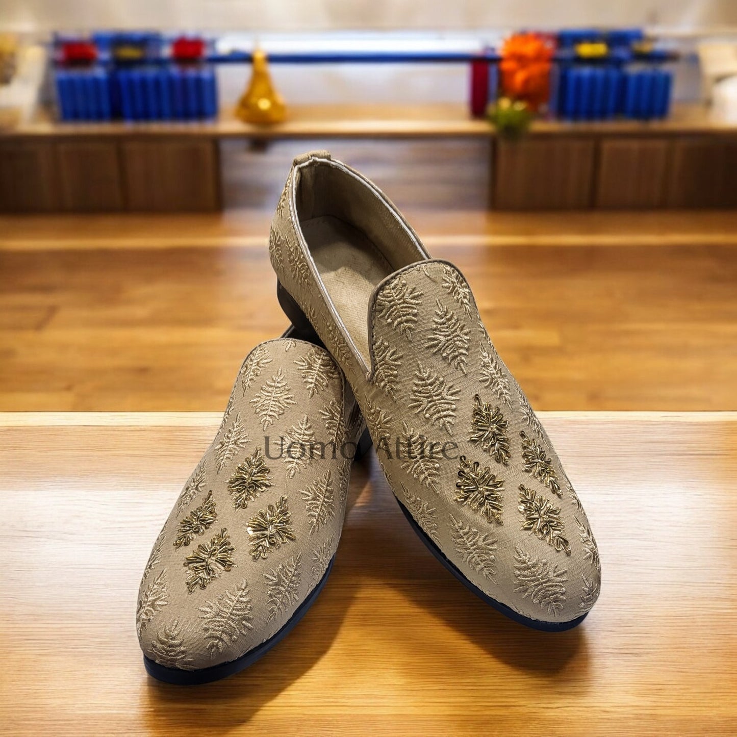 Luxurious Ivory Gold Customize Shoes for Groom With Emblishment