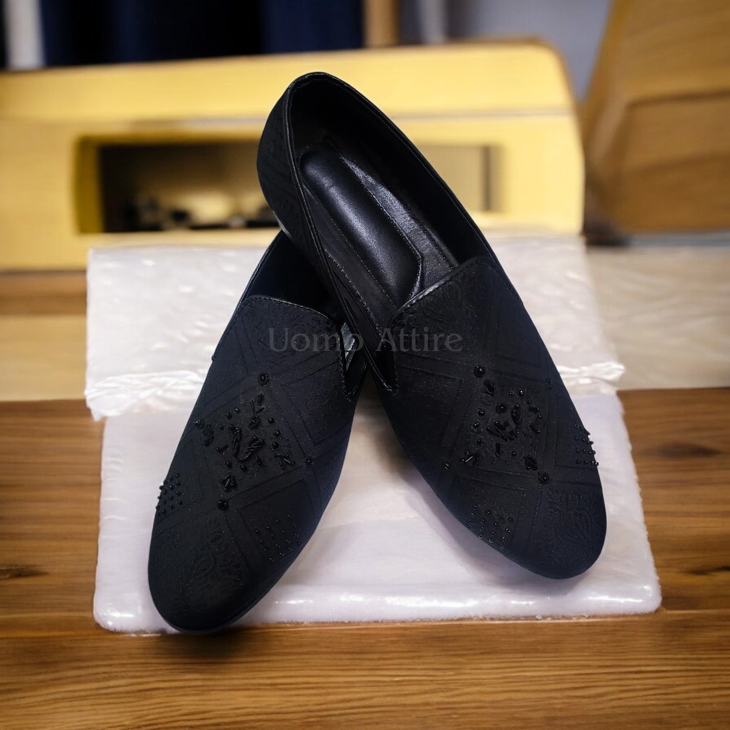 Luxurious Black Shoes for Groom with Elegant Black Embellishments