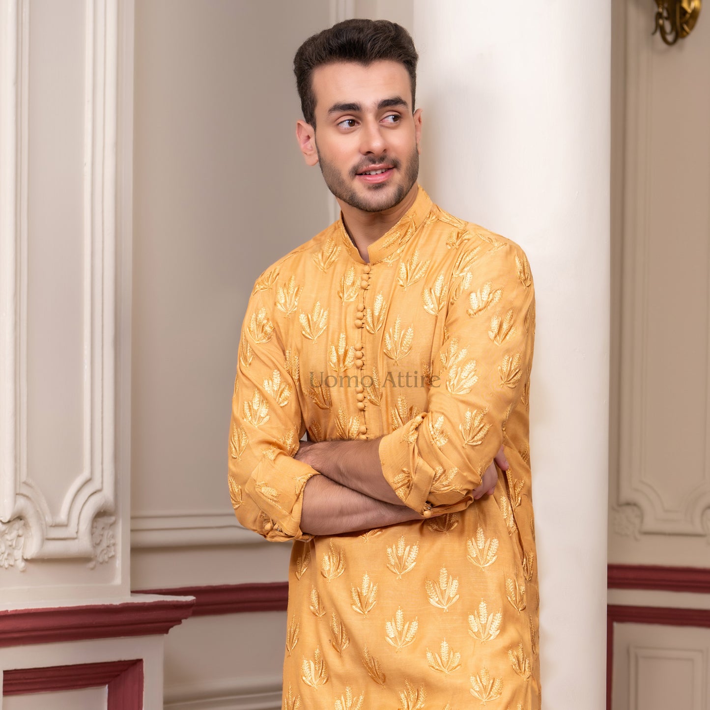Luxurious Flower-Embroidered Kurta Pajama for Groom