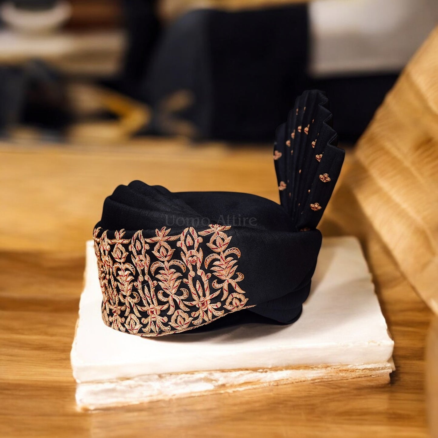 Luxurious Jet Black Turban for Groom with Rose Gold Embellishments