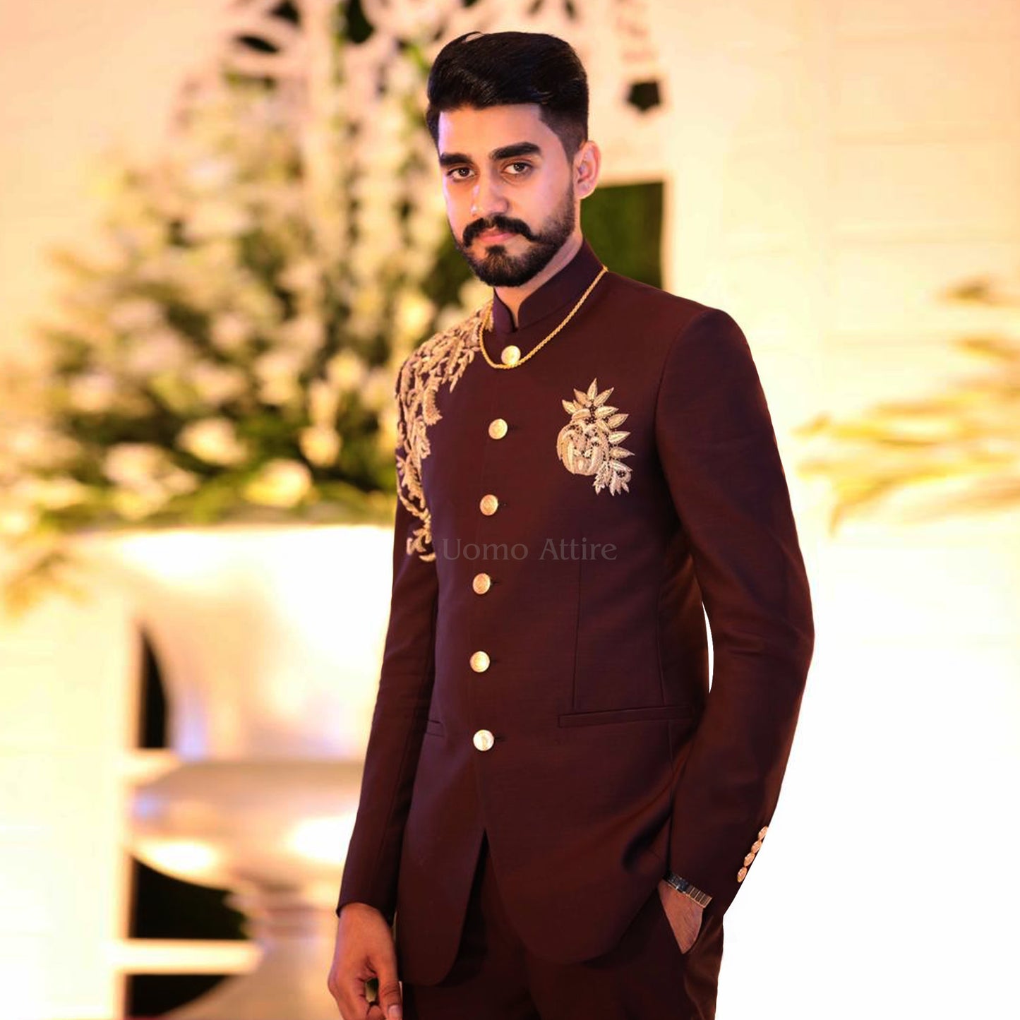 luxury Maroon Prince Two-Piece Suit for Grooms with Golden Flower Embellishments
