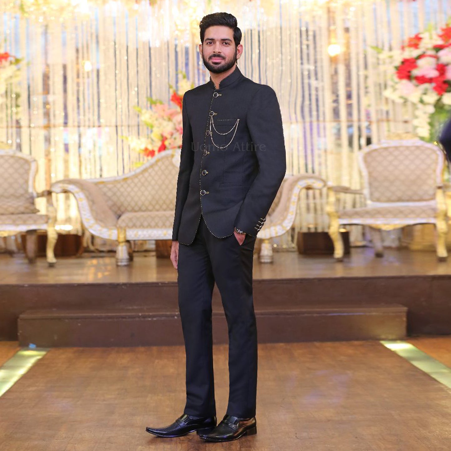 Custom Made Black Prince Two-Piece Suit with Intricate Silver Pickstitching for Men