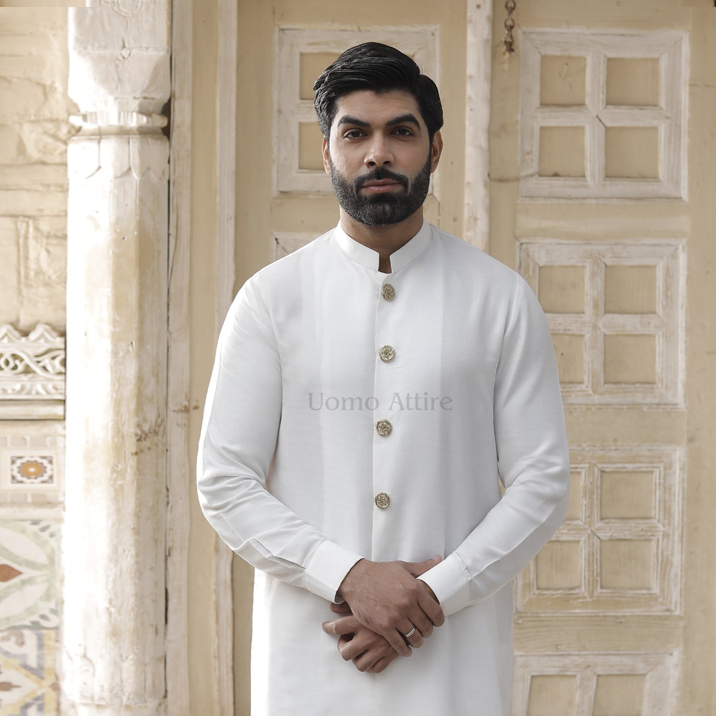 Elegant White Sherwani-Style Kurta Pajama for the Modern Groom