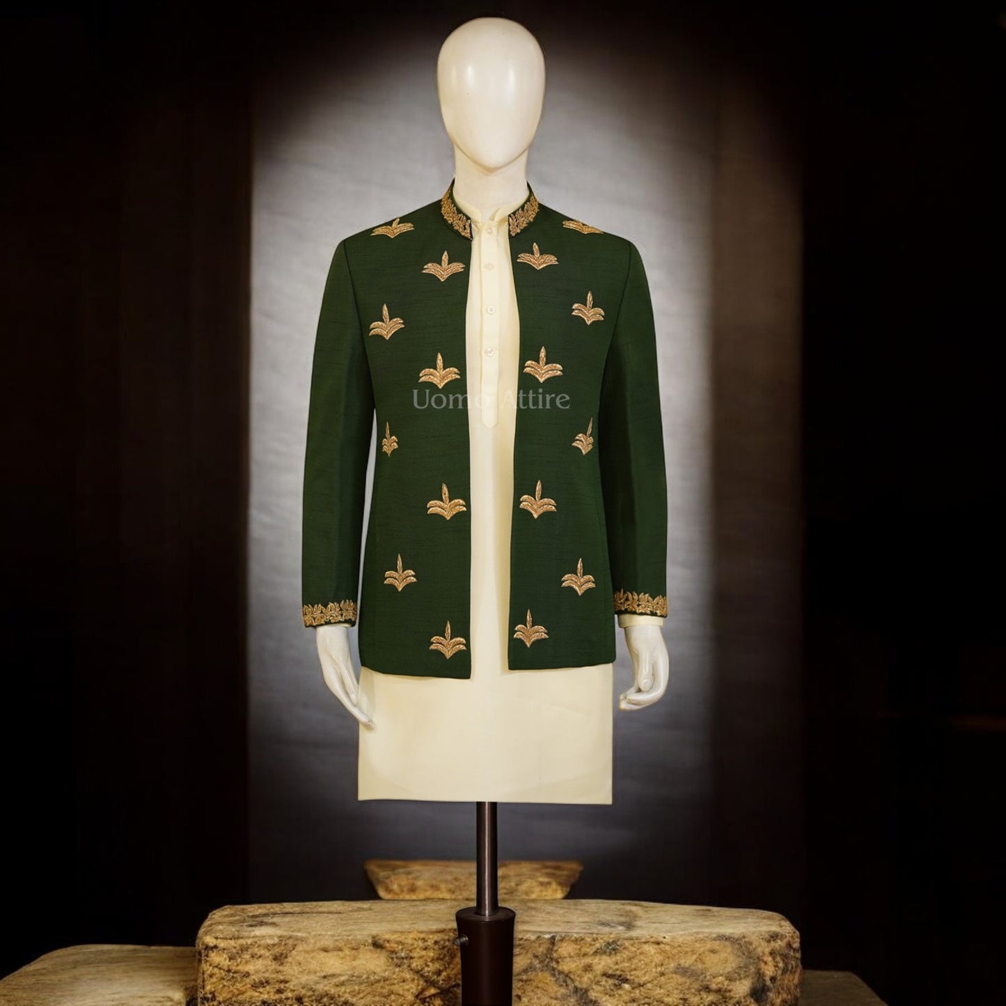 Make a Lasting Impression with Our Bespoke Olive Green Prince Coat Ensemble
