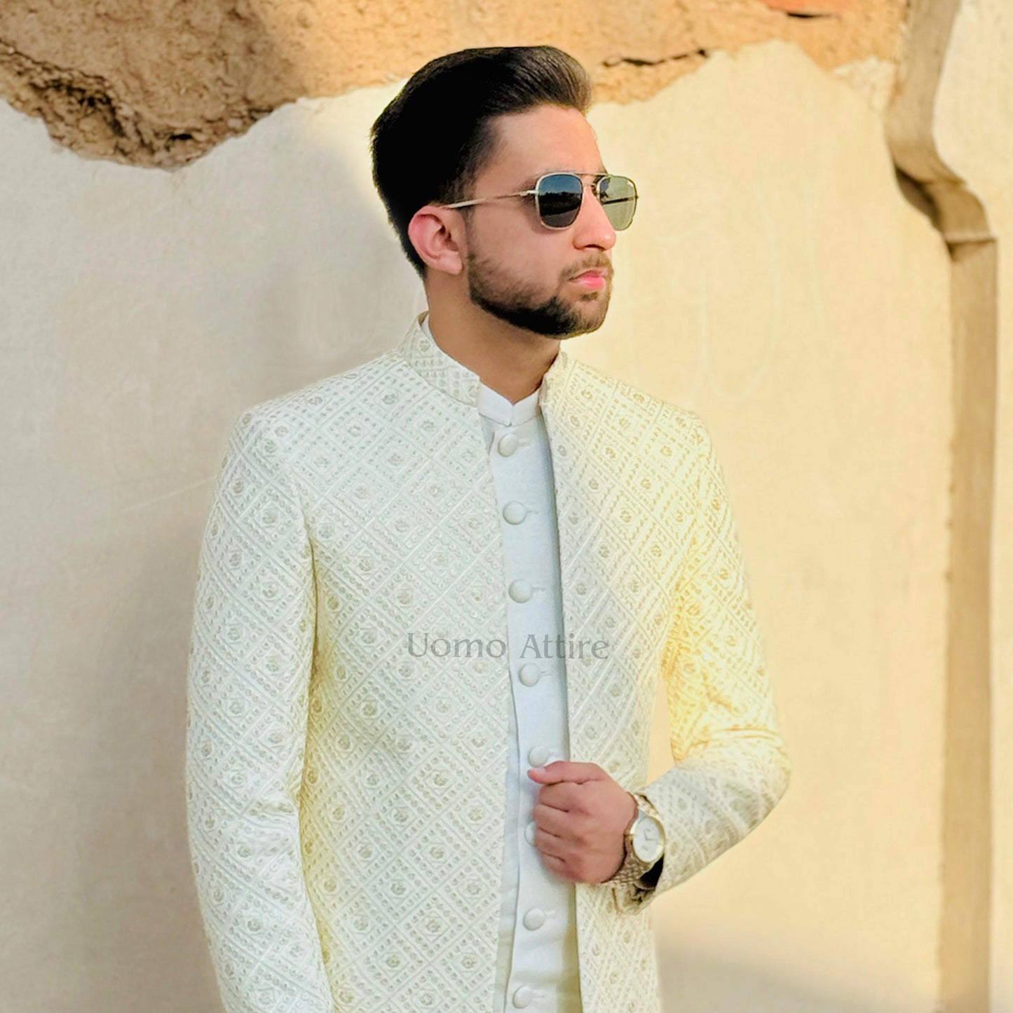 Off-White Sequin Thread Embroidered Sherwani with Sherwani-Style Kurta
