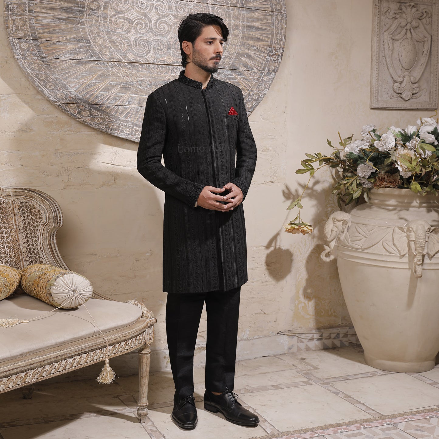 Luxurious Jet Black Embroidered Sherwani for Groom