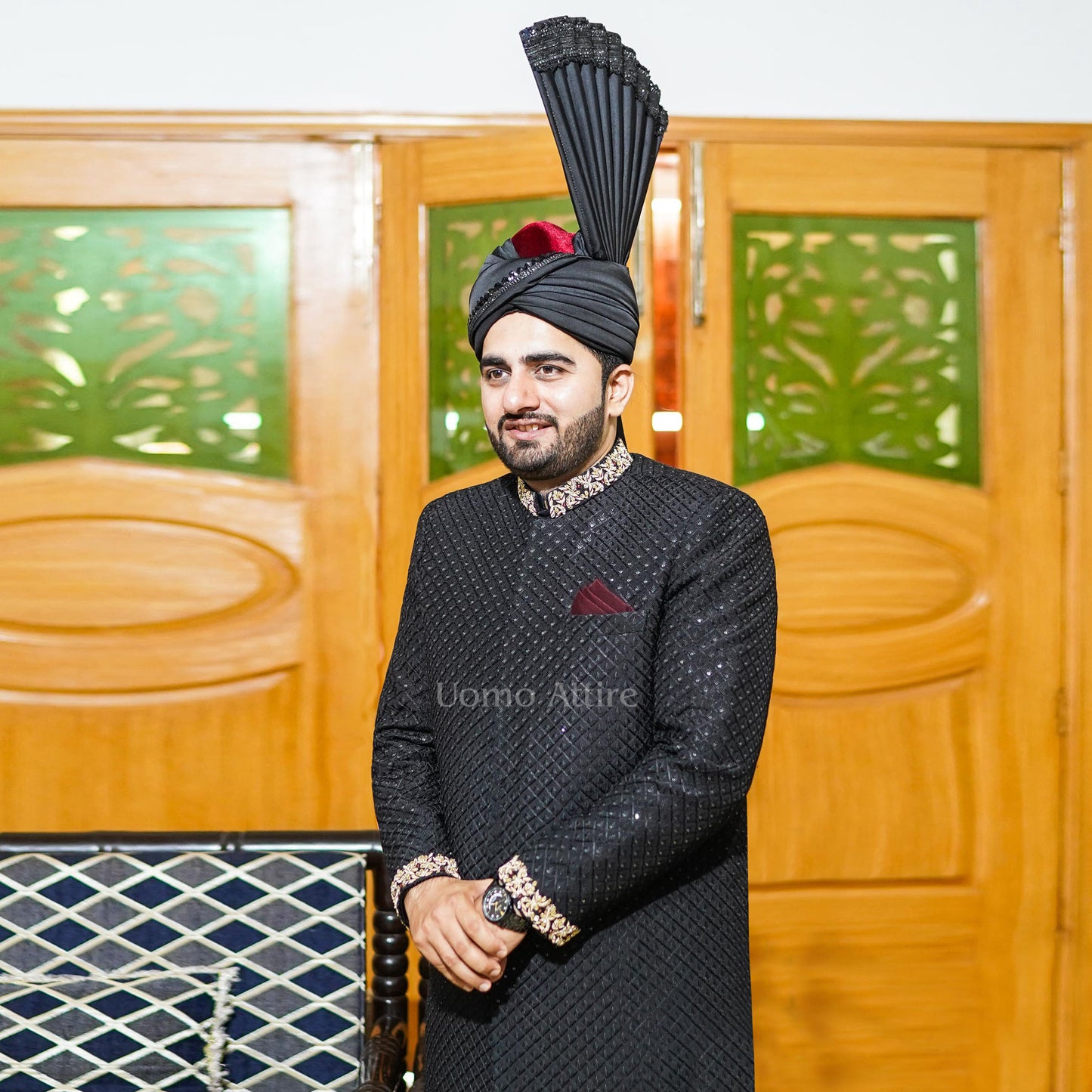 Regal Black Embroidered Sherwani with Signature Royal Turban