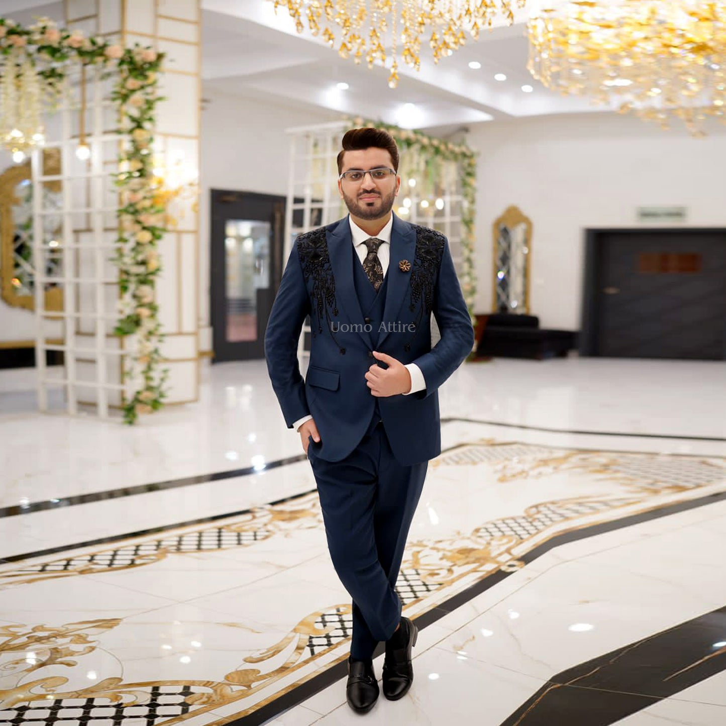 Elegant Navy Blue Italian 3-Piece Suit with Shoulder Emblishment