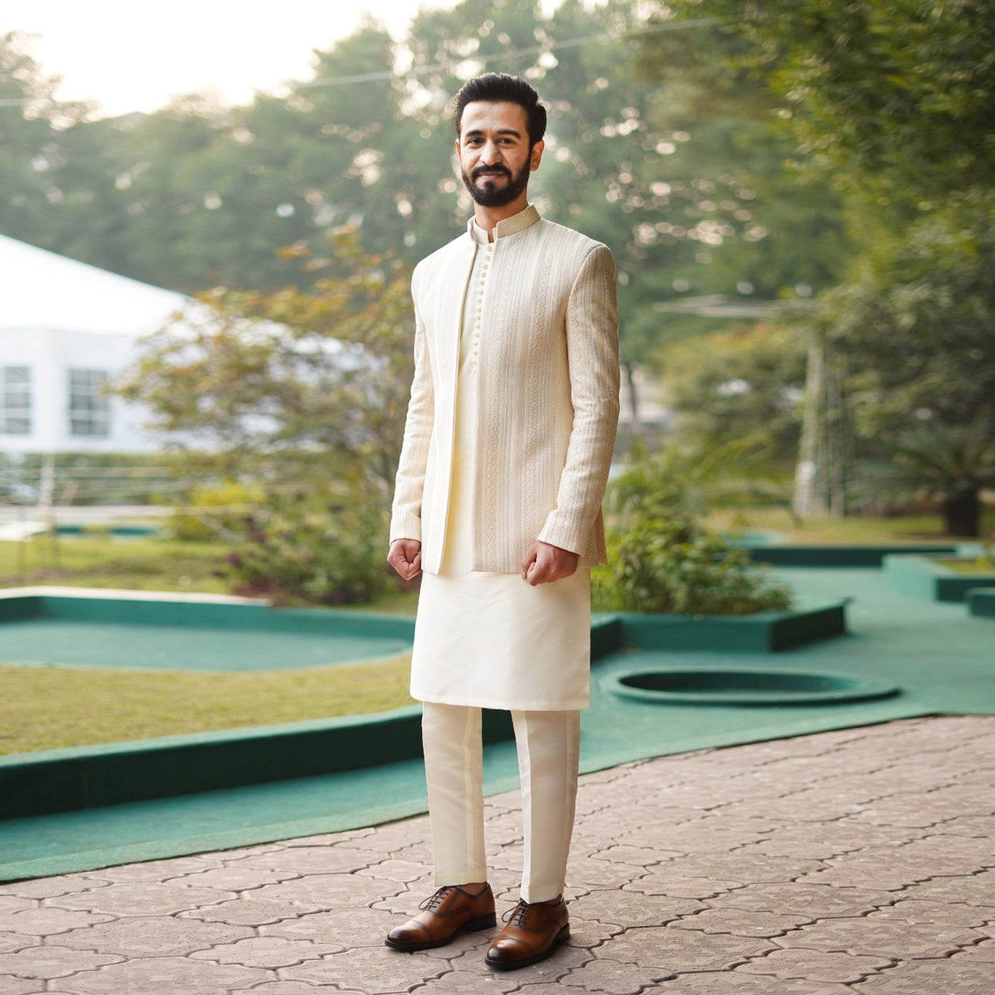 Beige and Ivory Embroidered Open Front Prince Coat