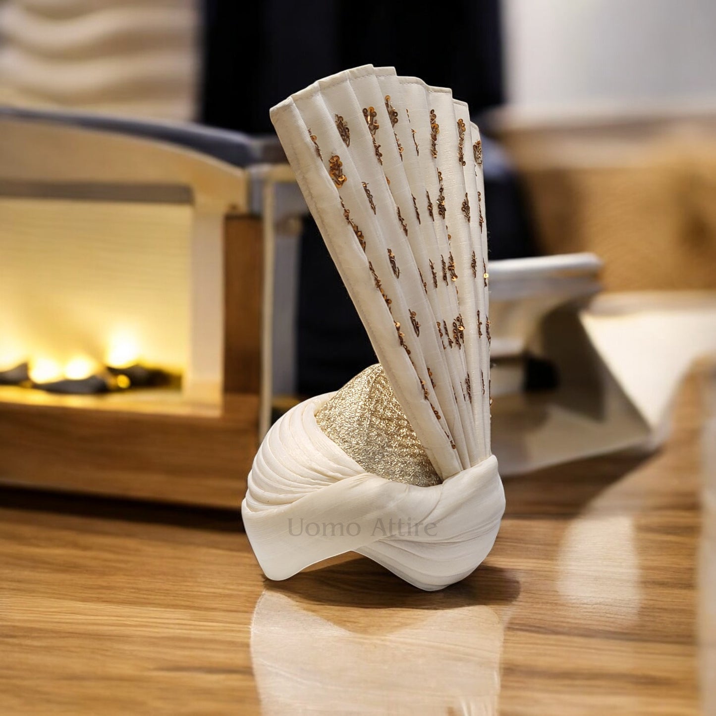 Exquisite Off-White Turban for Groom with Hand-Made Golden Embellishments