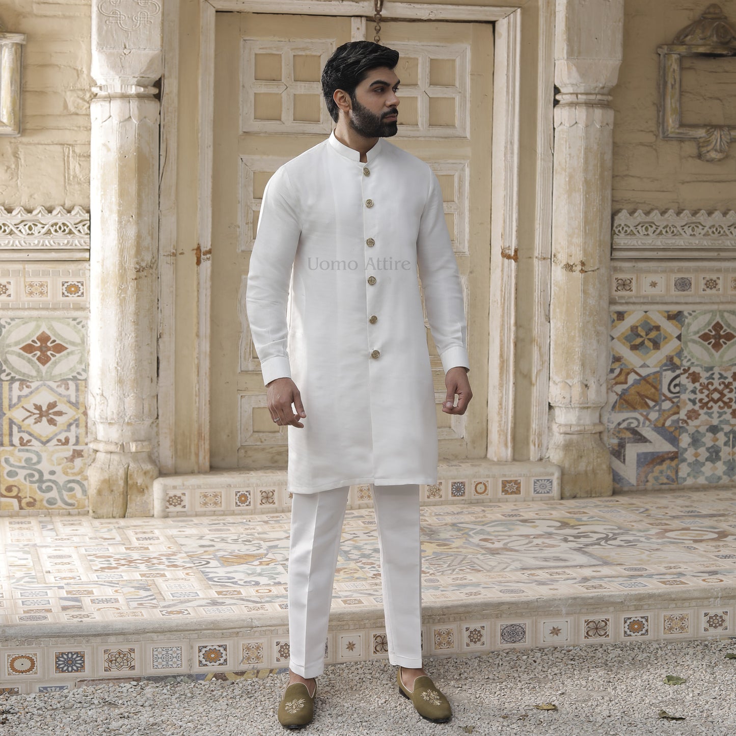 Elegant White Sherwani-Style Kurta Pajama for the Modern Groom