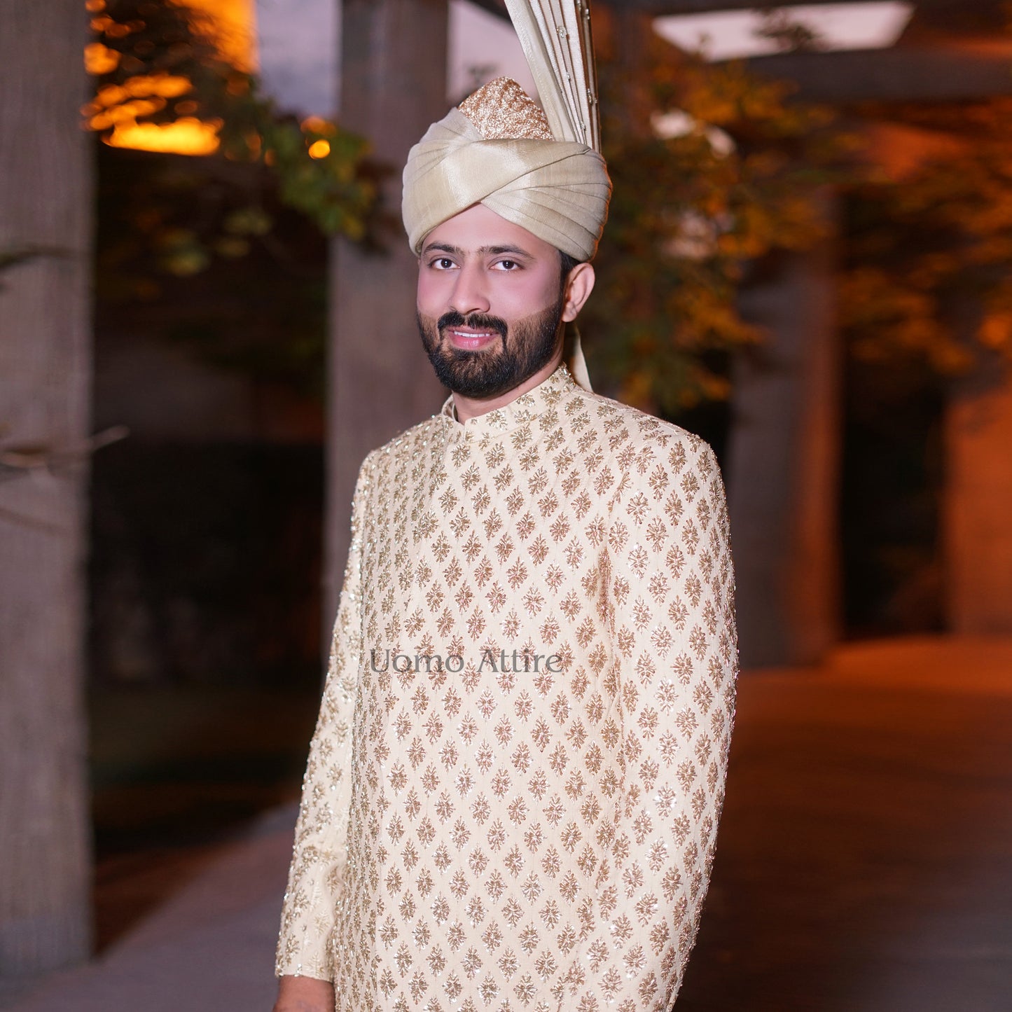 Custom Made Golden Sherwani with Ivory Turban for the Modern Groom