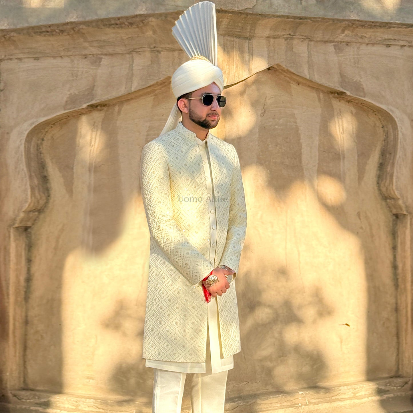 Off-White Sequin Thread Embroidered Sherwani with Sherwani-Style Kurta
