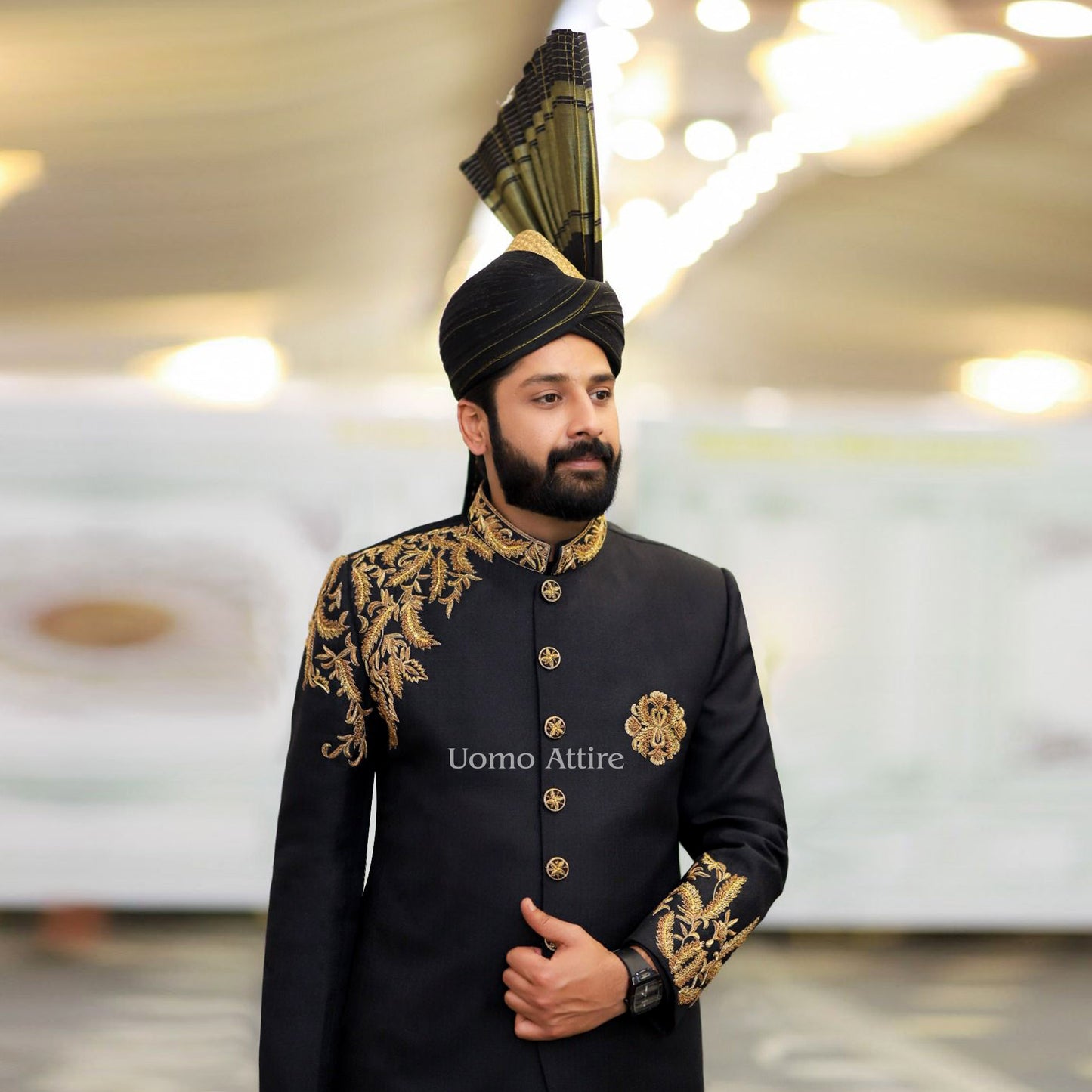 Luxury Black Sherwani for Groom with Golden Floral Embroidery