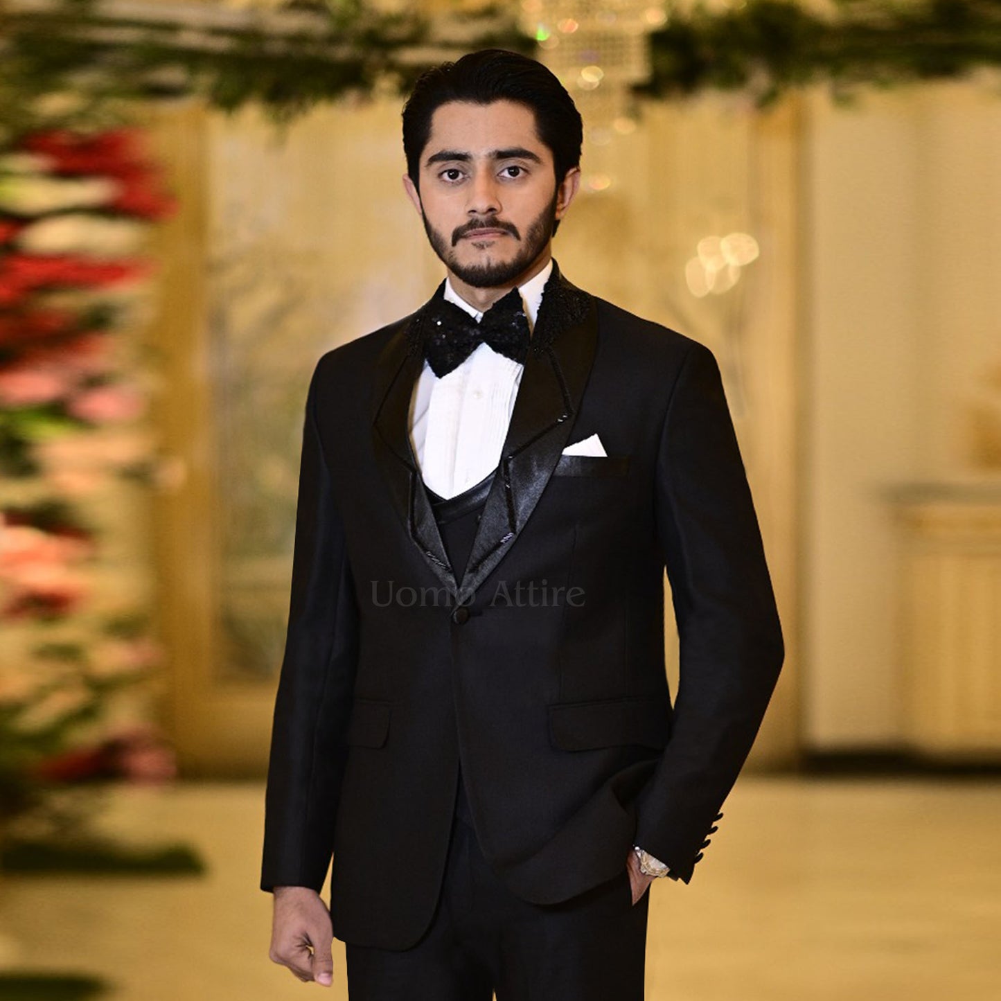 Luxury Italian Black Tuxedo with Embellished Shawl Lapel and Double-Breasted Waistcoat