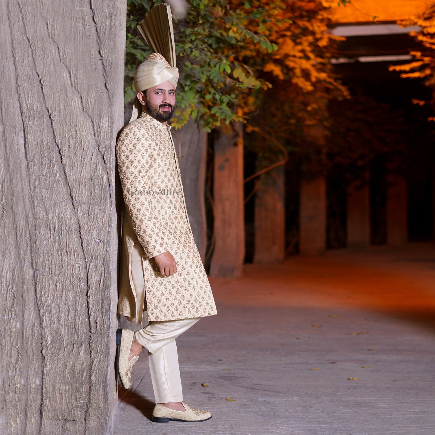 Custom Made Golden Sherwani with Ivory Turban for the Modern Groom