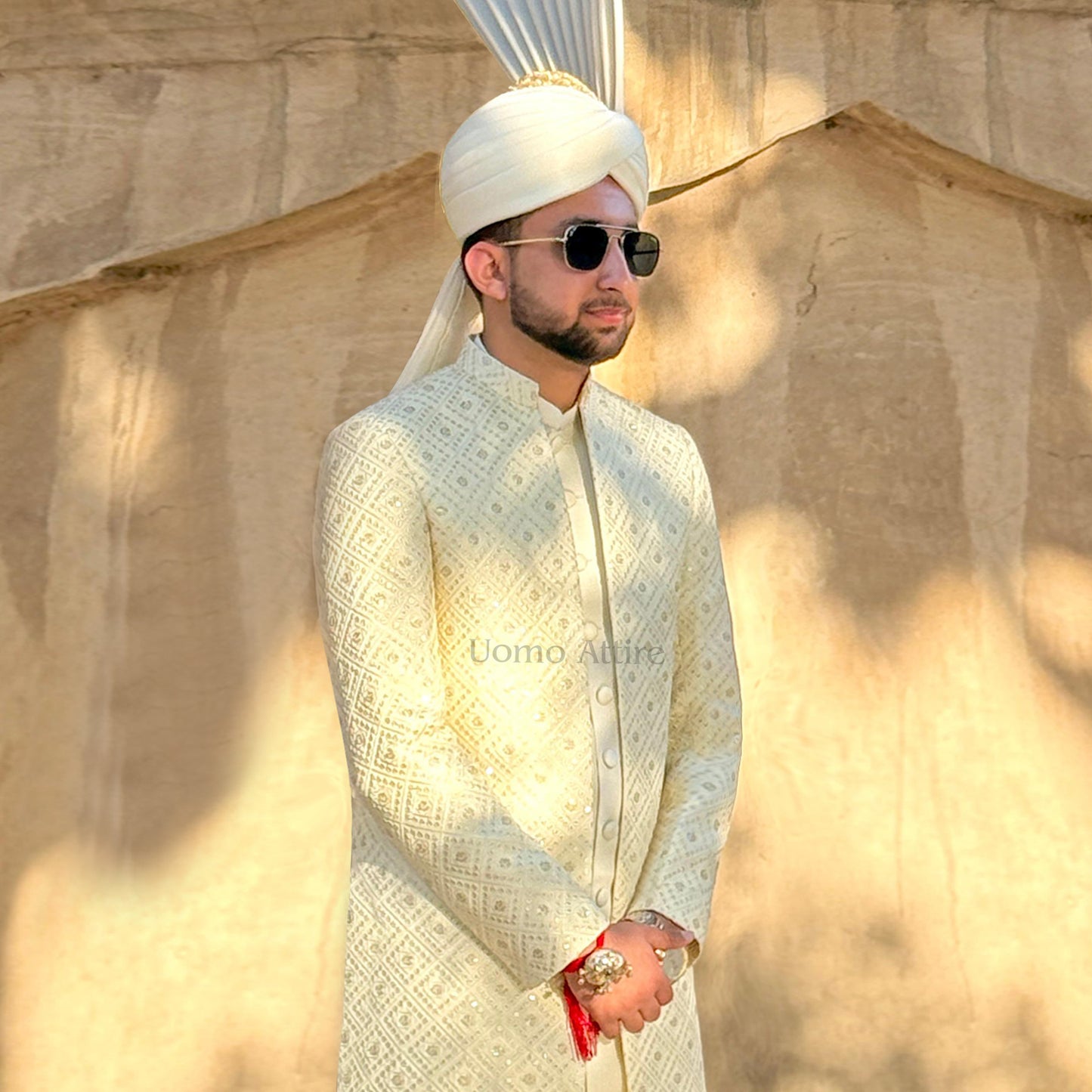 Off-White Sequin Thread Embroidered Sherwani with Sherwani-Style Kurta