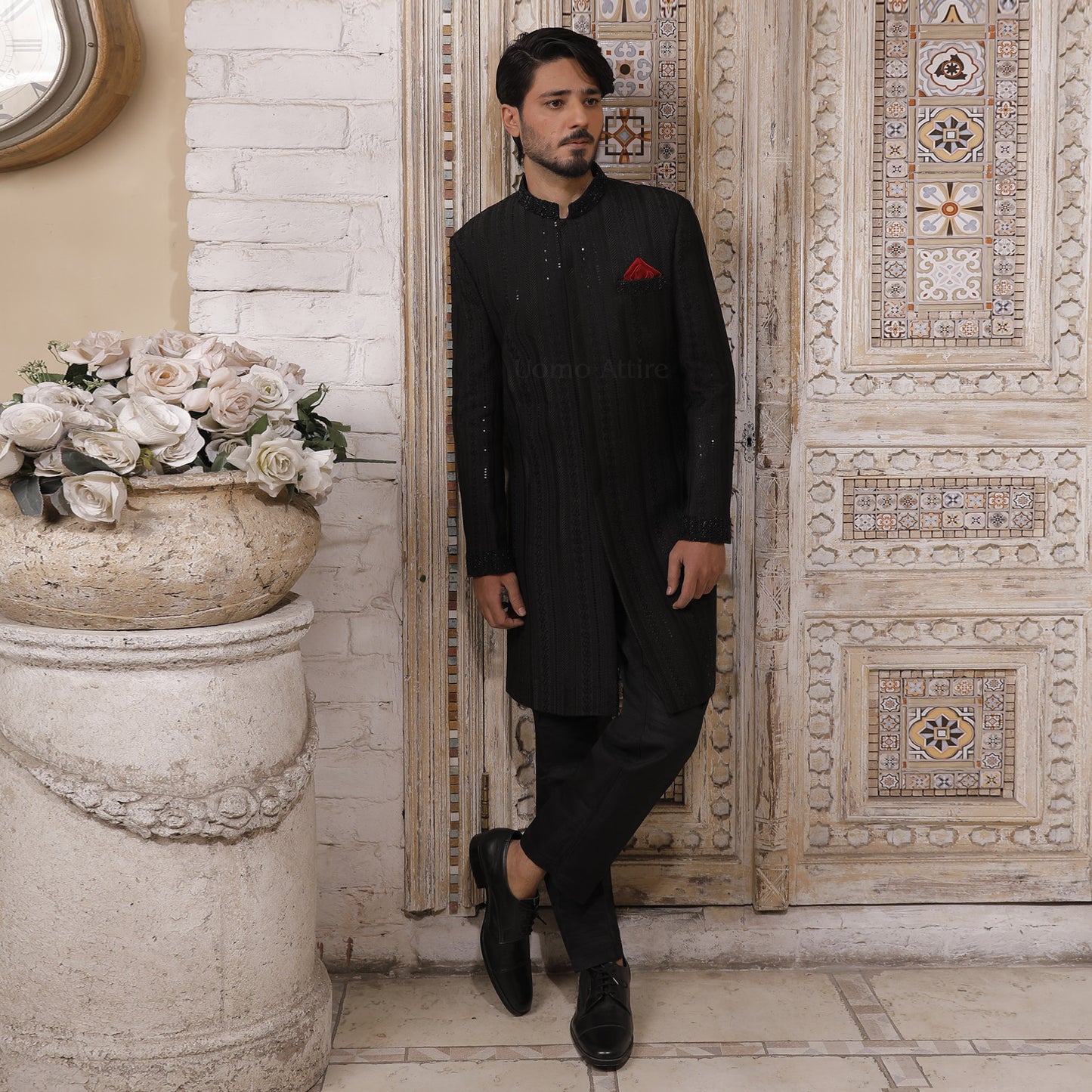 Luxurious Jet Black Embroidered Sherwani for Groom