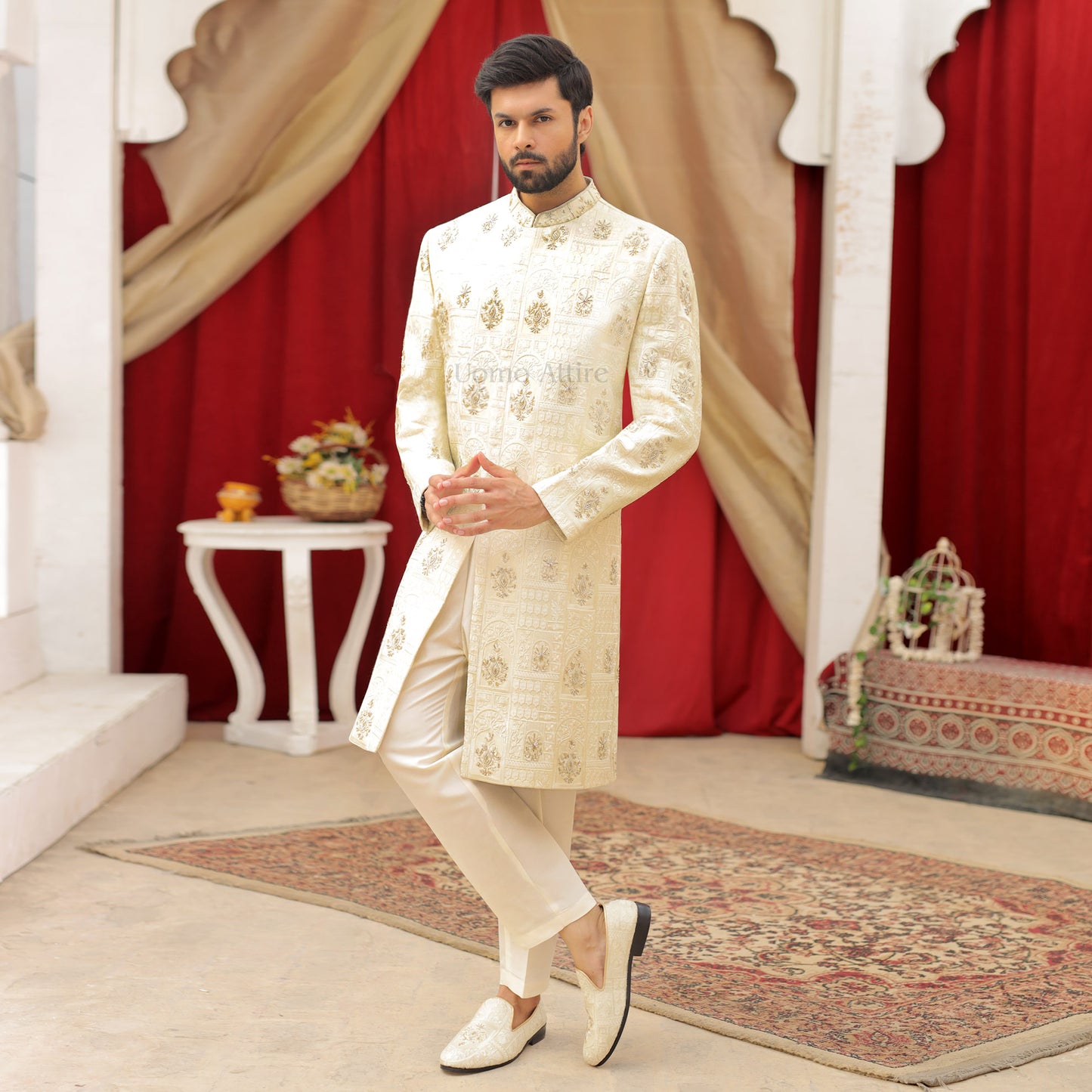 Luxurious Cream and Gold Embroidered Sherwani Ensemble for the Groom