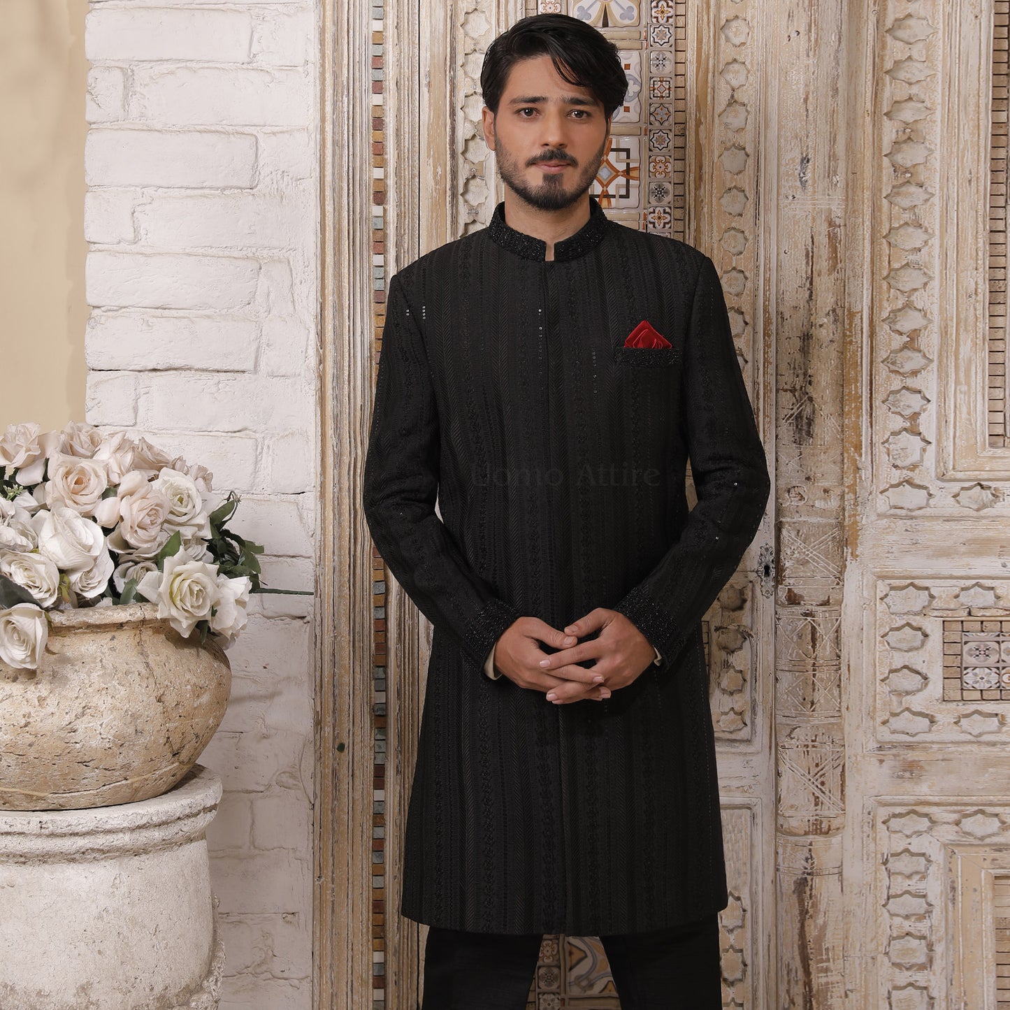 Luxurious Jet Black Embroidered Sherwani for Groom
