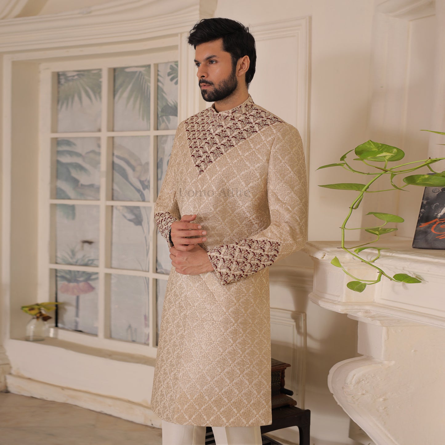 Luxury Beige Embroidered Sherwani with Maroon Embellishments for Grooms
