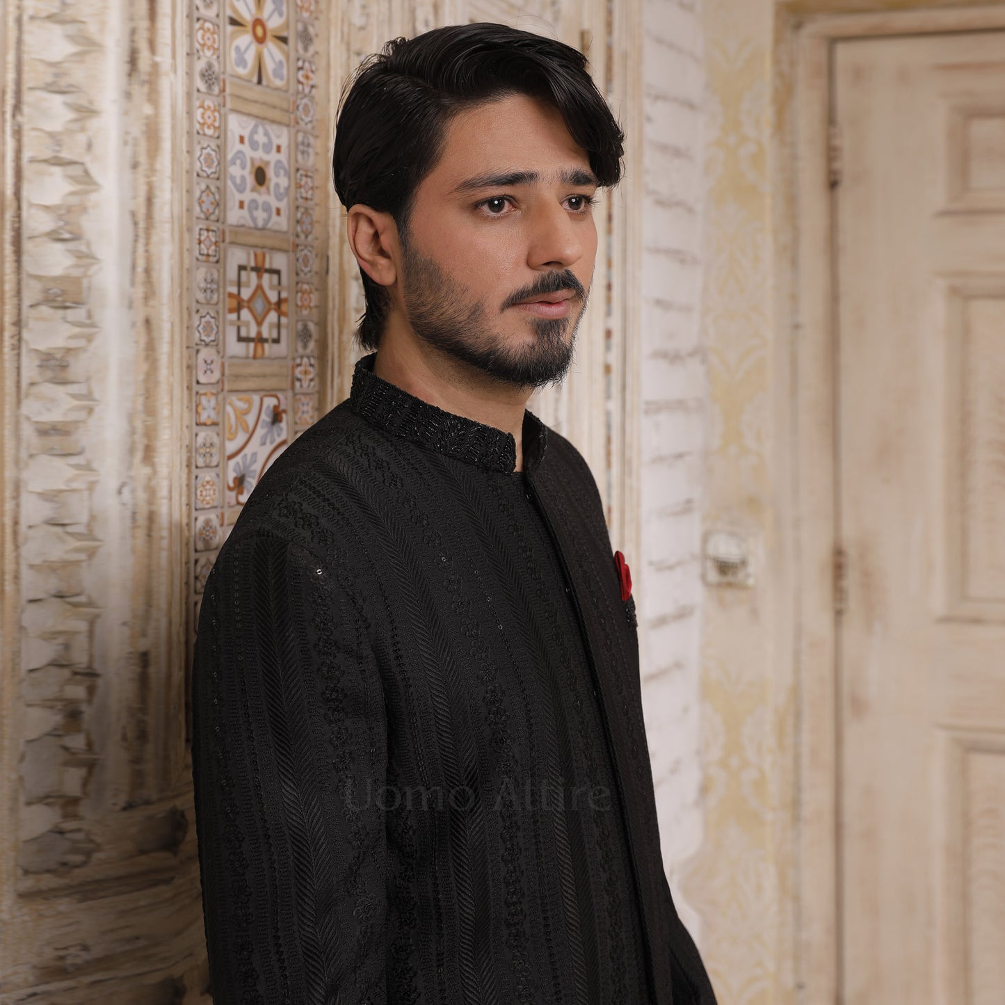 Luxurious Jet Black Embroidered Sherwani for Groom