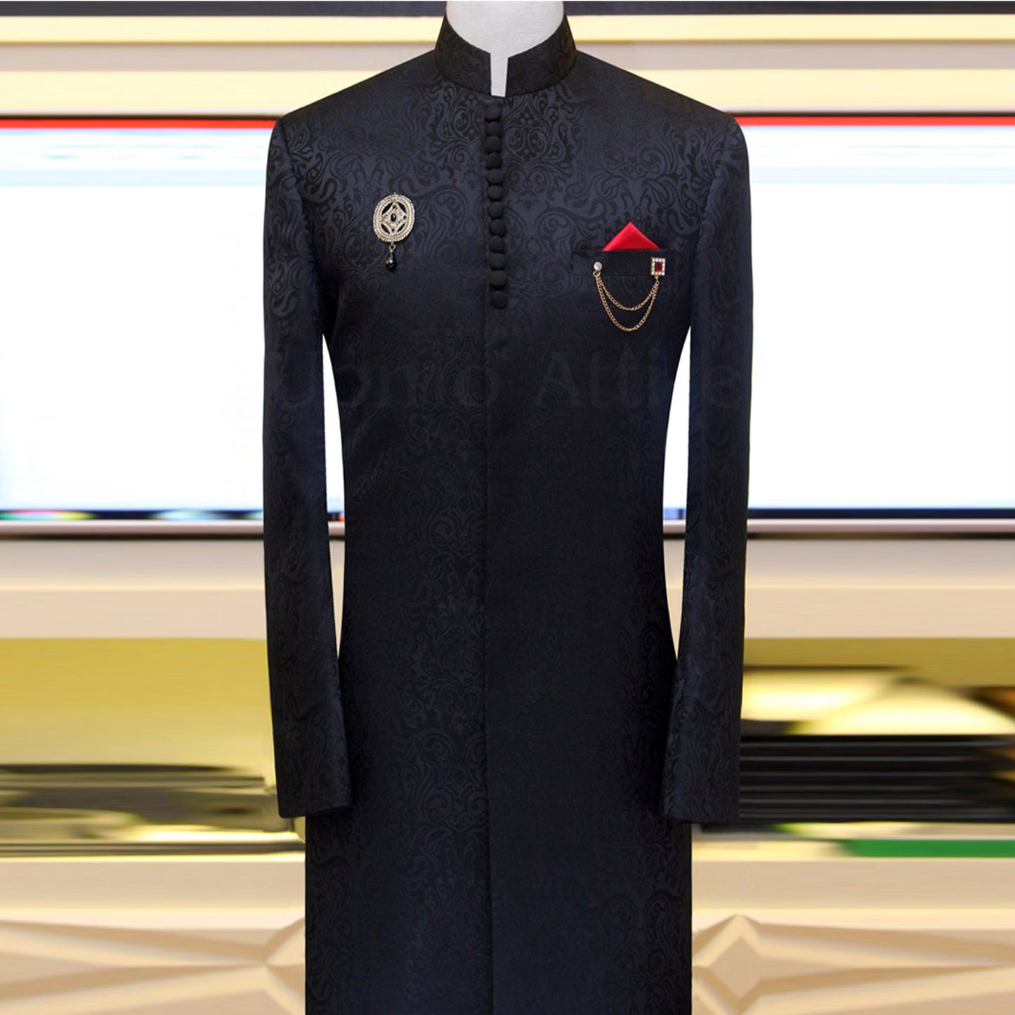 Black wedding sherwani in self printed jamawar