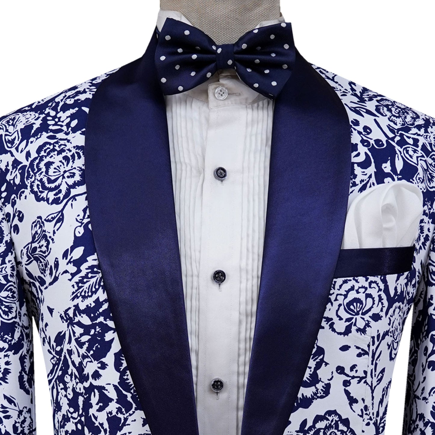 
                  
                    White and Blue Self Print Fabric Classic Tuxedo Suit
                  
                