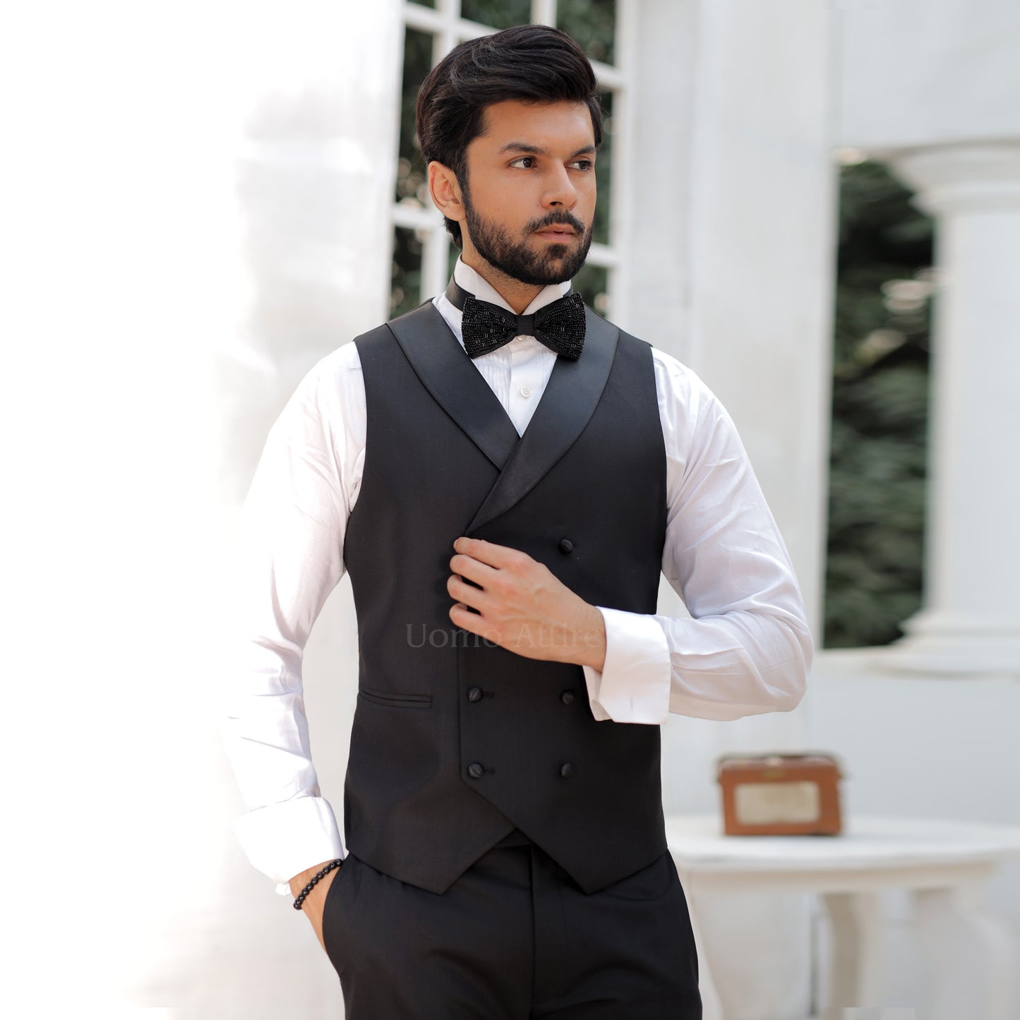Luxurious Embroidered Black Tuxedo Double-Breasted Waistcoat For Mens