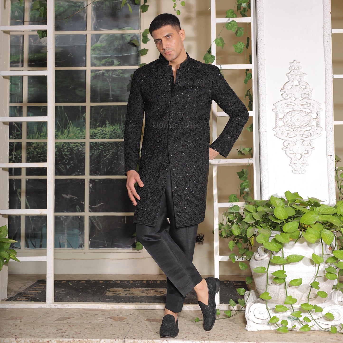 Handcrafted Luxurious Fully Embellished Jet Black Sherwani For Groom