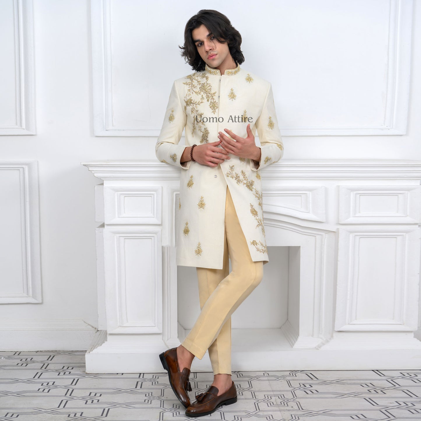 Elegant Pure Krandi Soft Fabric Sherwani with Floral Embellishments and Matching Turban