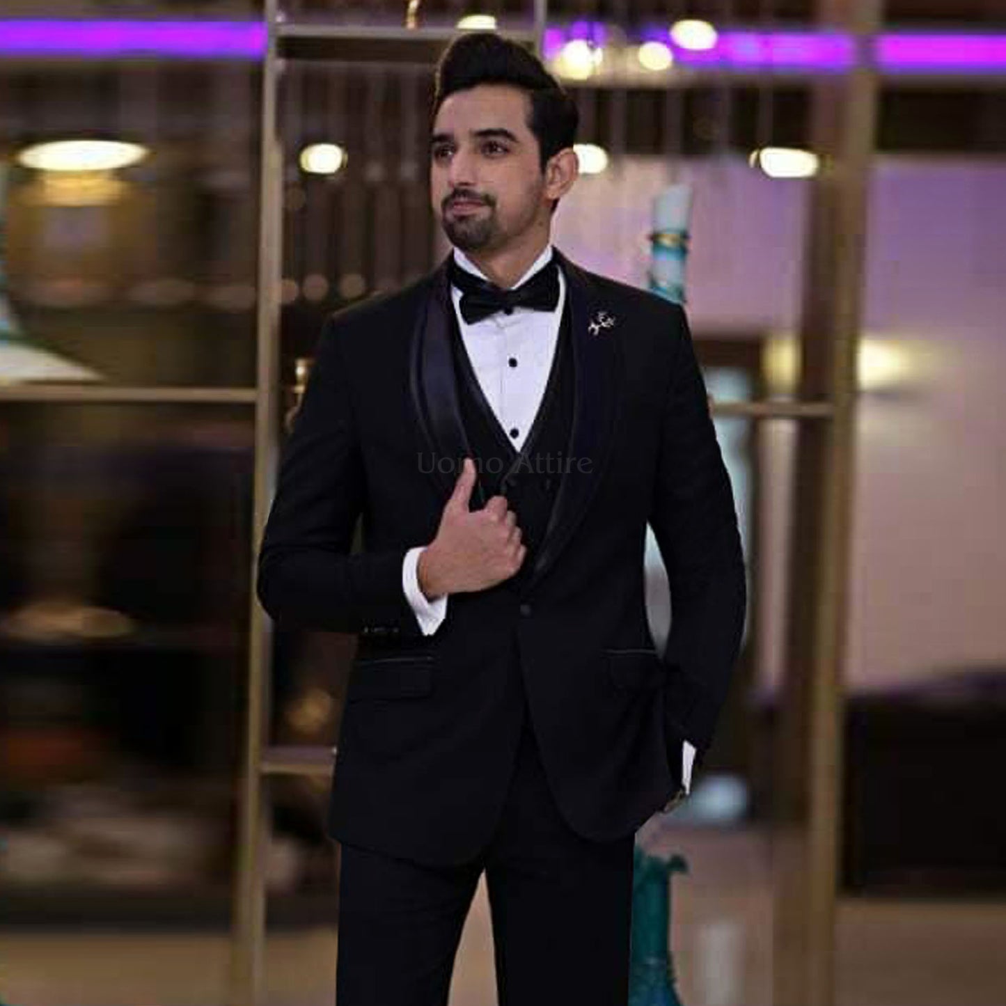 Luxury Black Tuxedo with Satin Lapel and Double-Breasted Waistcoat