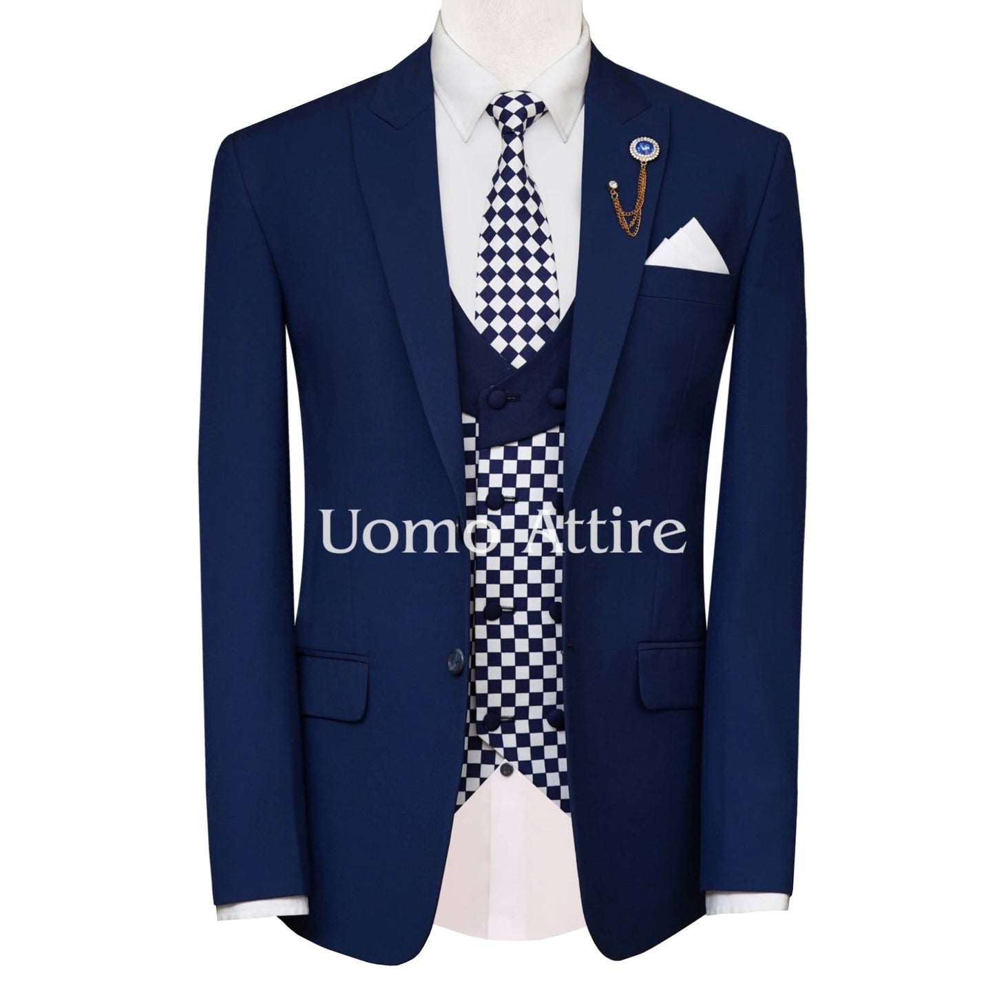 Blue three piece suit for men with mini checkered double breasted vest | Blue Suit for Men