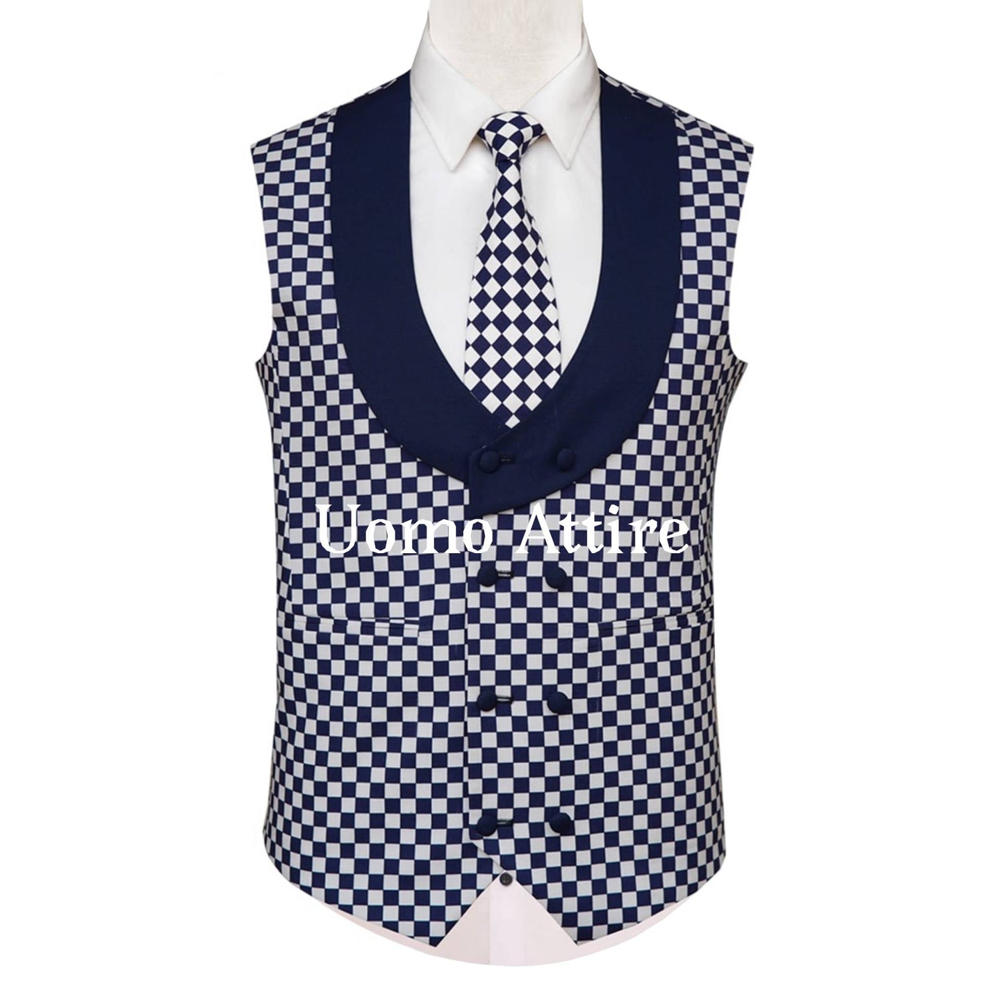 
                  
                    Blue three piece suit for men with mini checkered double breasted vest | Blue Suit for Men
                  
                