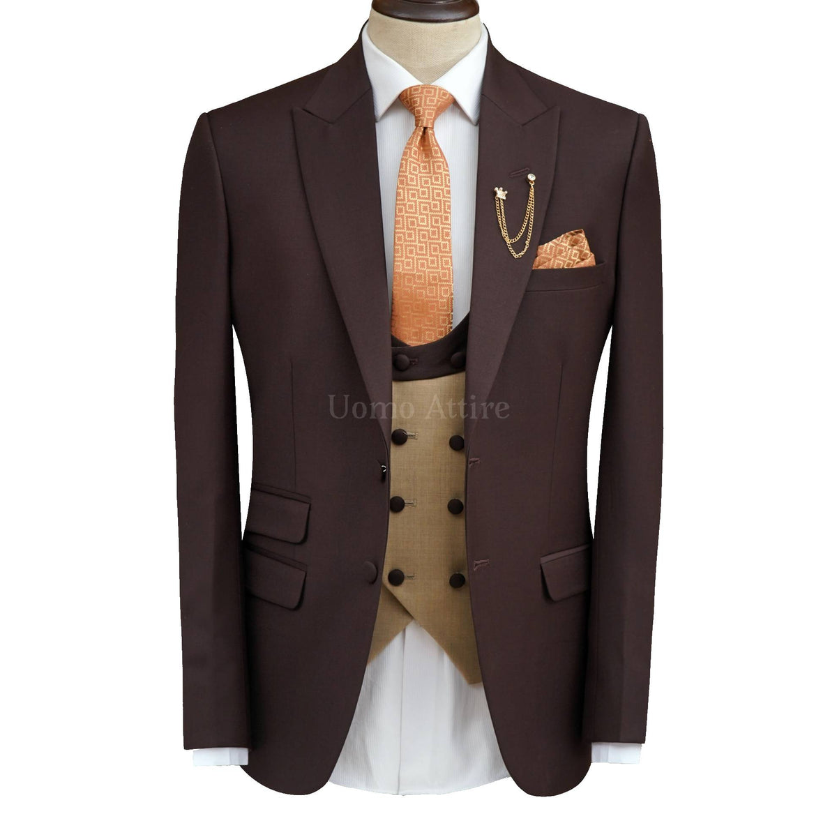 Burgundy 3 Piece Suit for Men with Tan Vest and Orange Tie – Uomo Attire