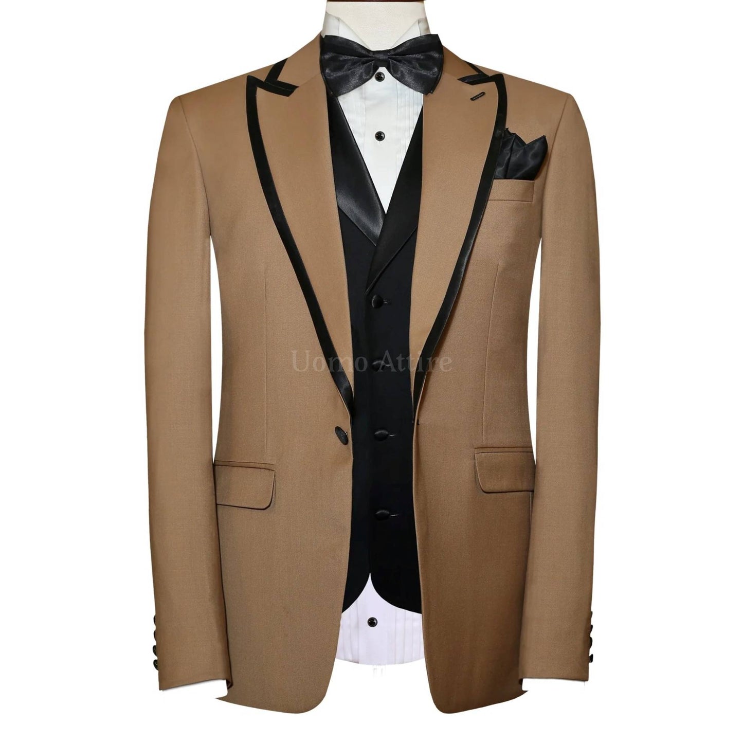 custom-tailored-golden-tuxedo-3-piece-suit-with-black-piping | Tuxedo Suit for Men