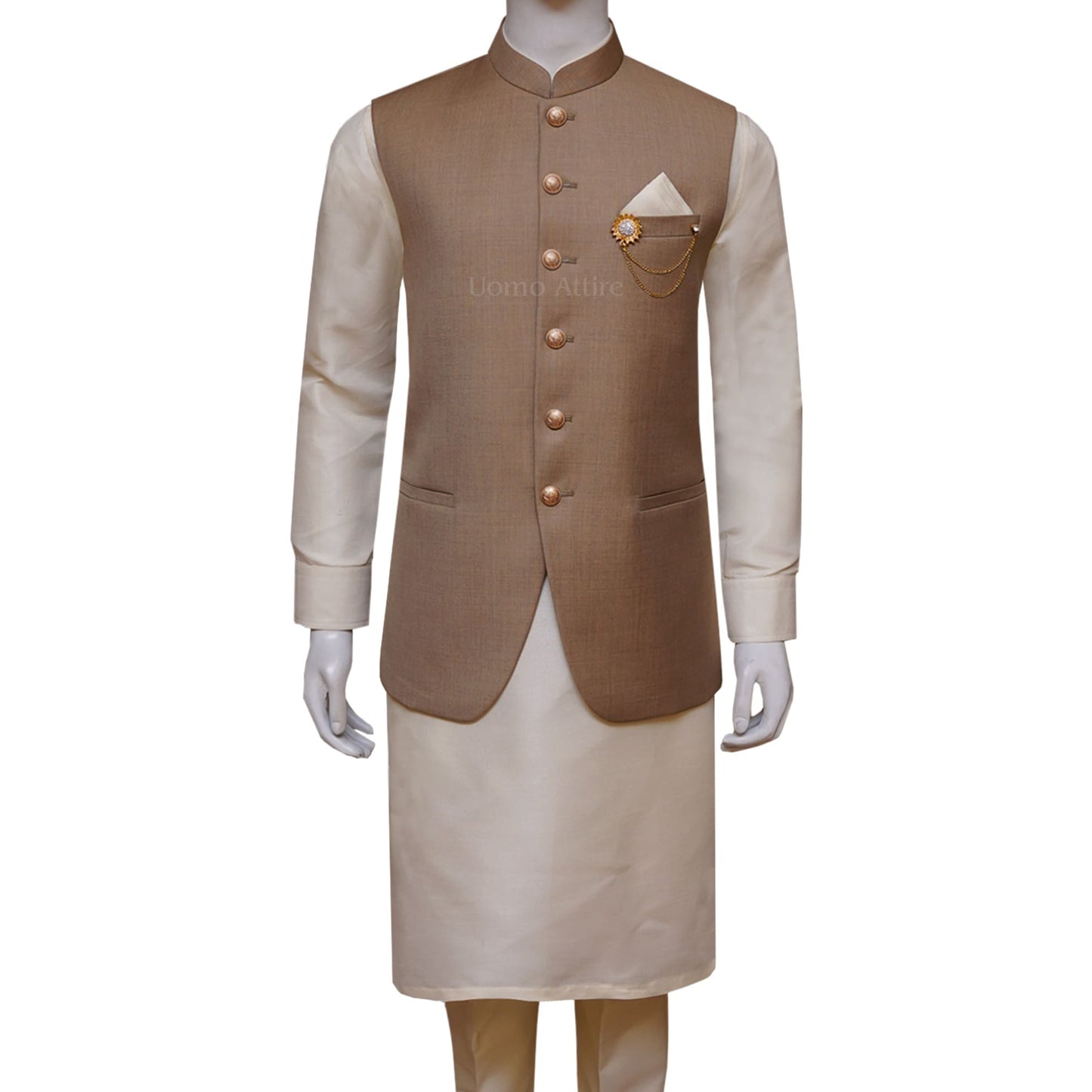 A lightweight golden waistcoat for gentlemen with kurta pajama | Waistcoat