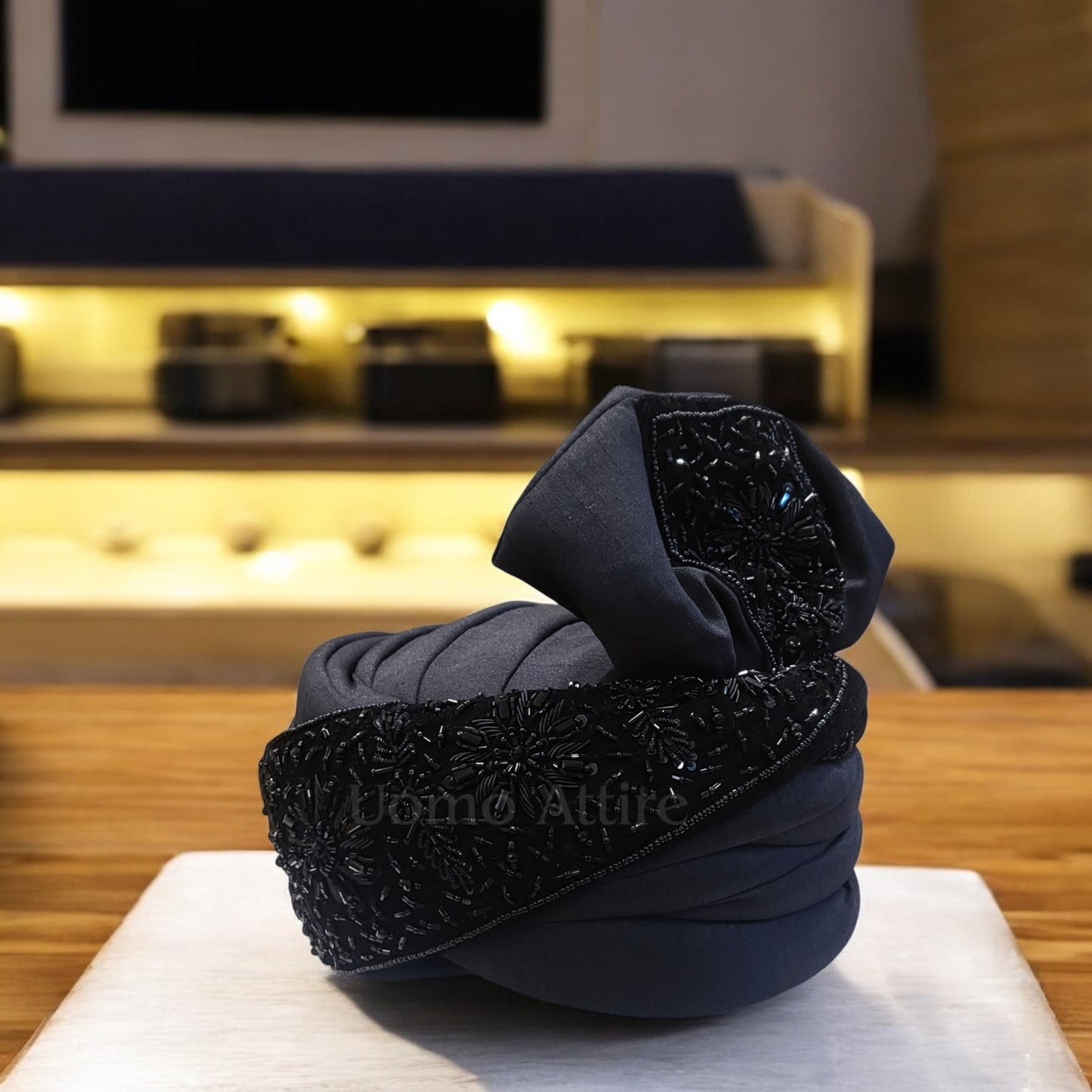 Luxury Custom Black Turban for Groom with Hand-Made Embellishments
