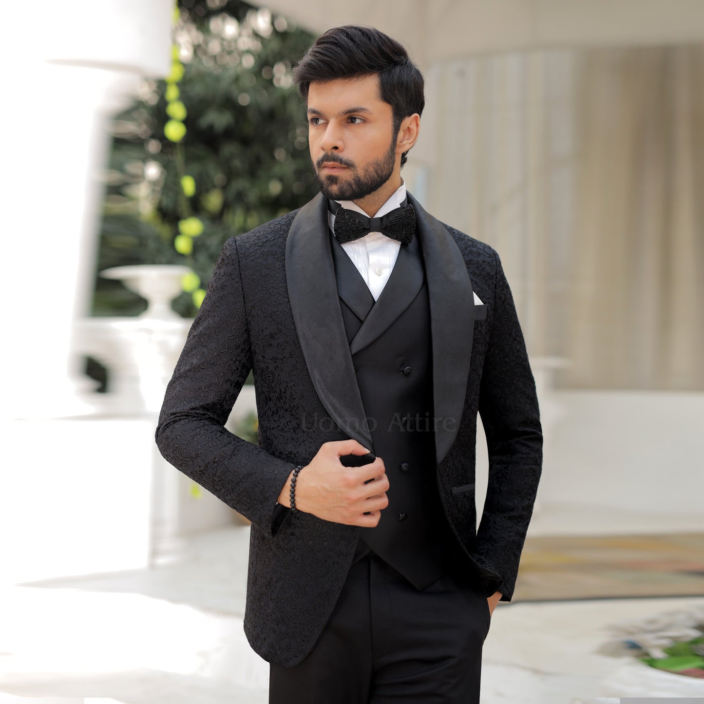 Luxurious Embroidered Black Tuxedo Double-Breasted Waistcoat For Mens