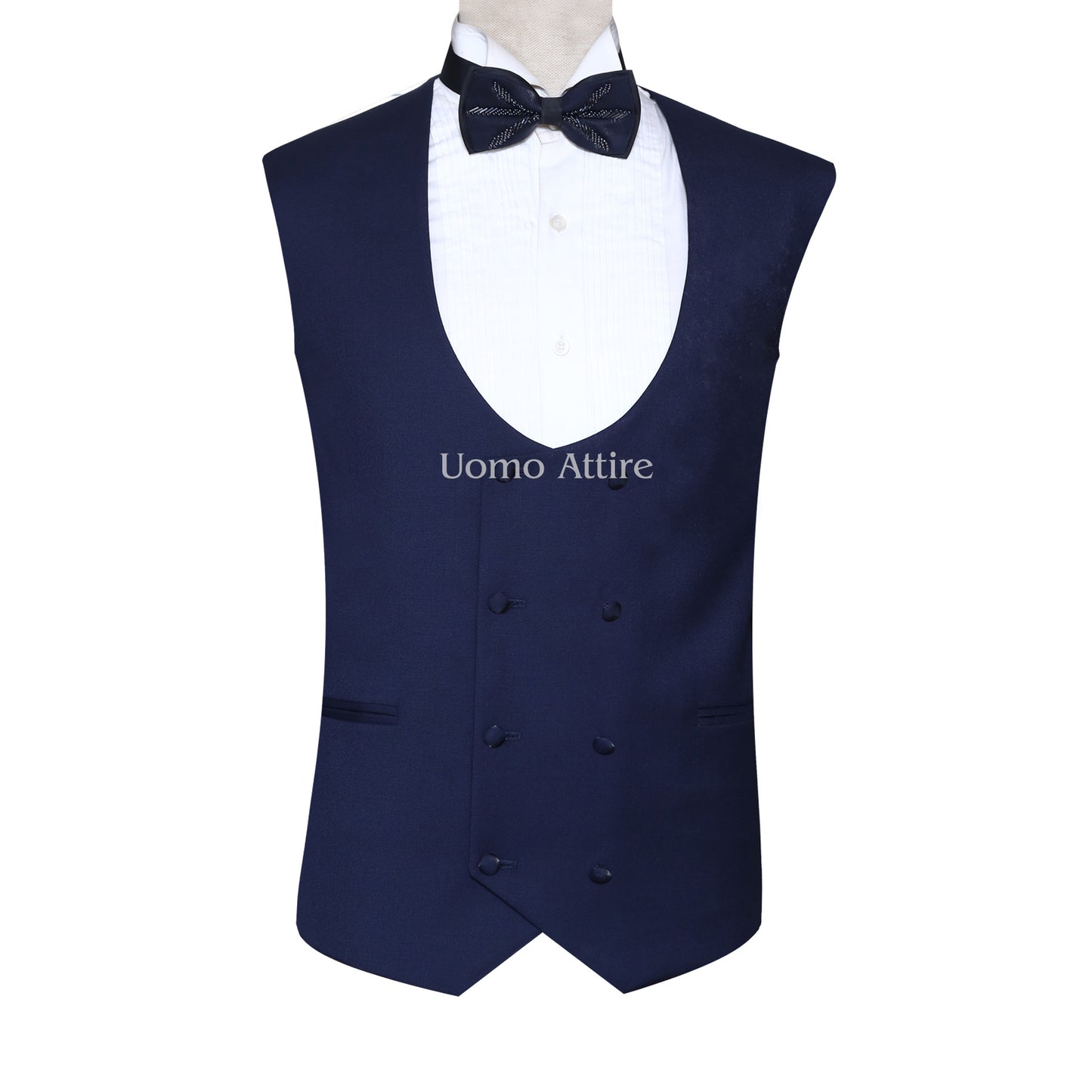Luxury Blue Tuxedo with Embellished Shawl Lapel and Double-Breasted Waistcoat