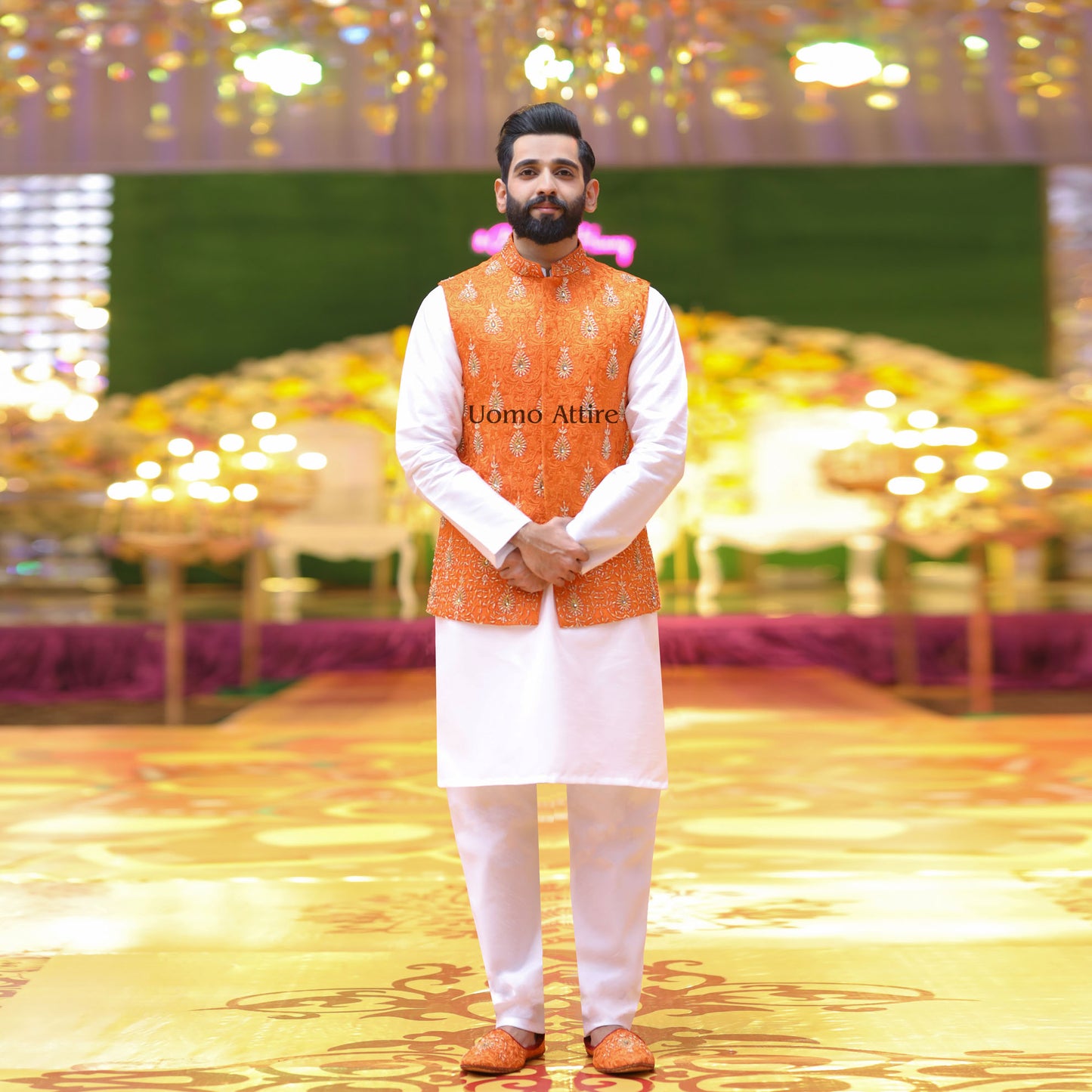 Luxury Rusty Orange Embroidered Waistcoat Set with Kurta Pajama & Matching Shoes