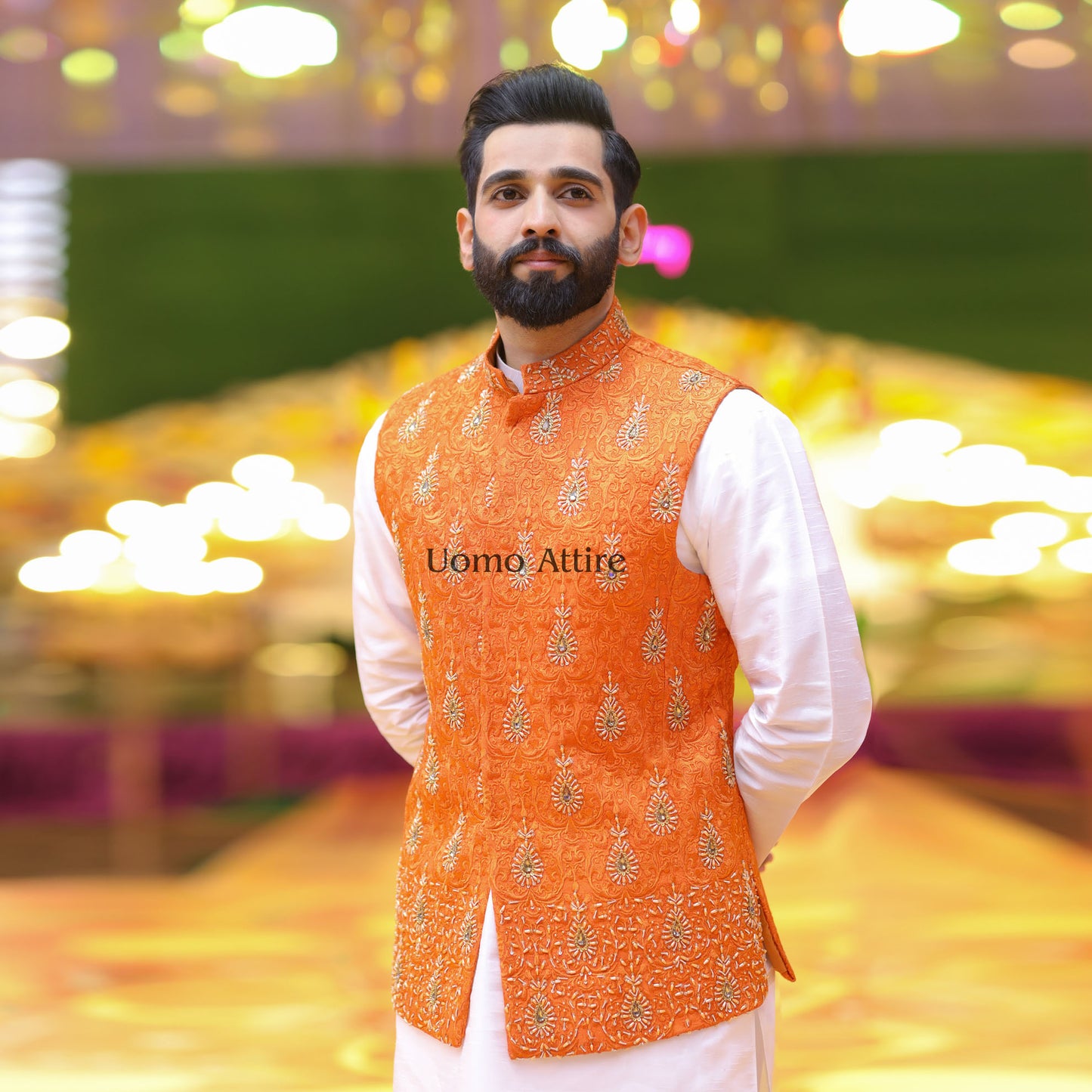 Luxury Rusty Orange Embroidered Waistcoat Set with Kurta Pajama & Matching Shoes